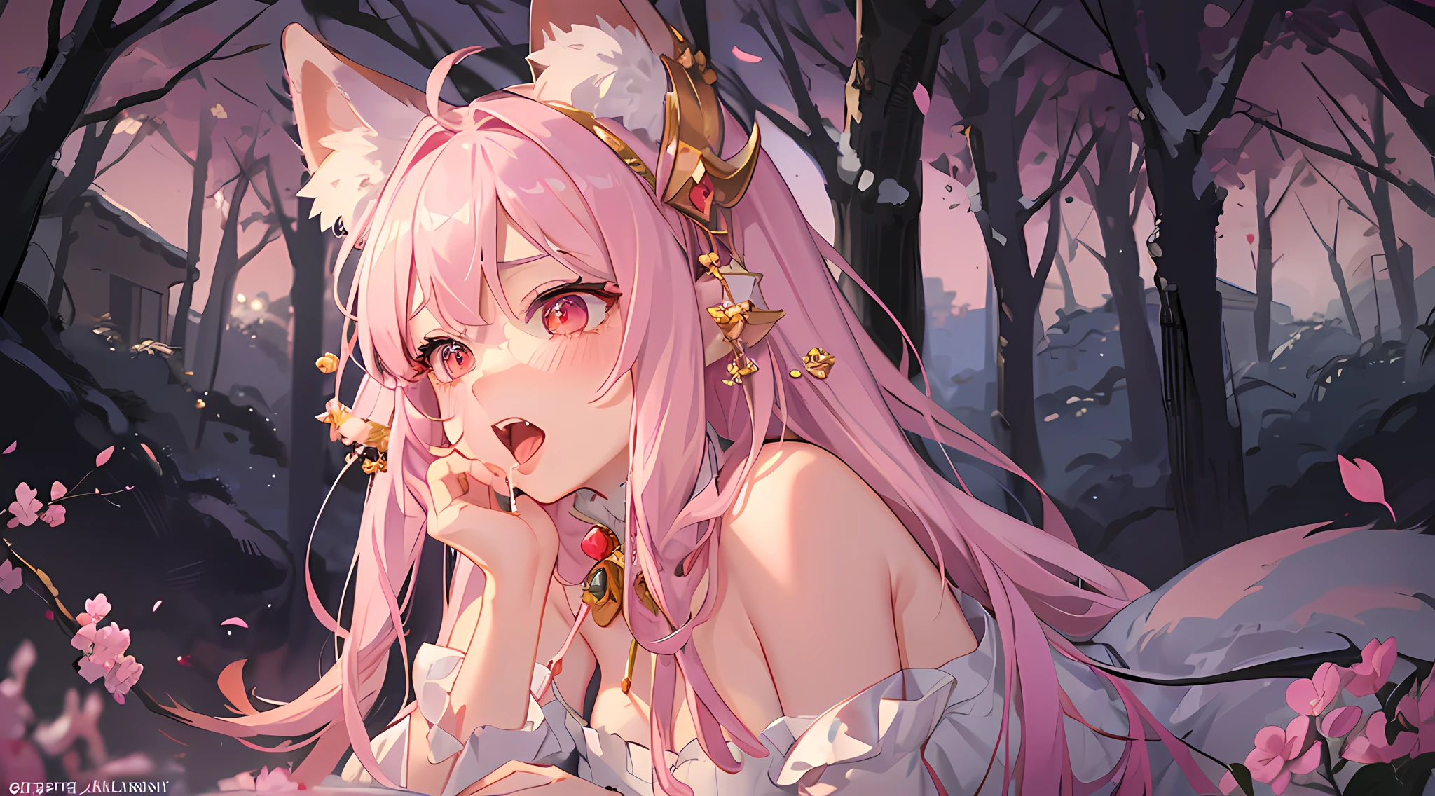 furry, pink fur, off-shoulder white semi-transparent morning dress, sitting on grass, sakura forest background, gold slit pupils, hair between eyes, pink hair, gradient hair, hair over shoulder, wet hair, shiny hair, bell, horns, forehead jewel, dragon horns, ta hairband, eye reflection, streaming tears, fox ears, wolf ears, open mouth, embarrassed, blush, fangs, tongue, saliva, full blush, flustered, despair, full-face blush, long tongue, Realism, Hyperrealism, ray tracing, reflection light, backlighting, Fujicolor, first-person view, bokeh, UHD, retina, anatomically correct, super detail, best quality, highres