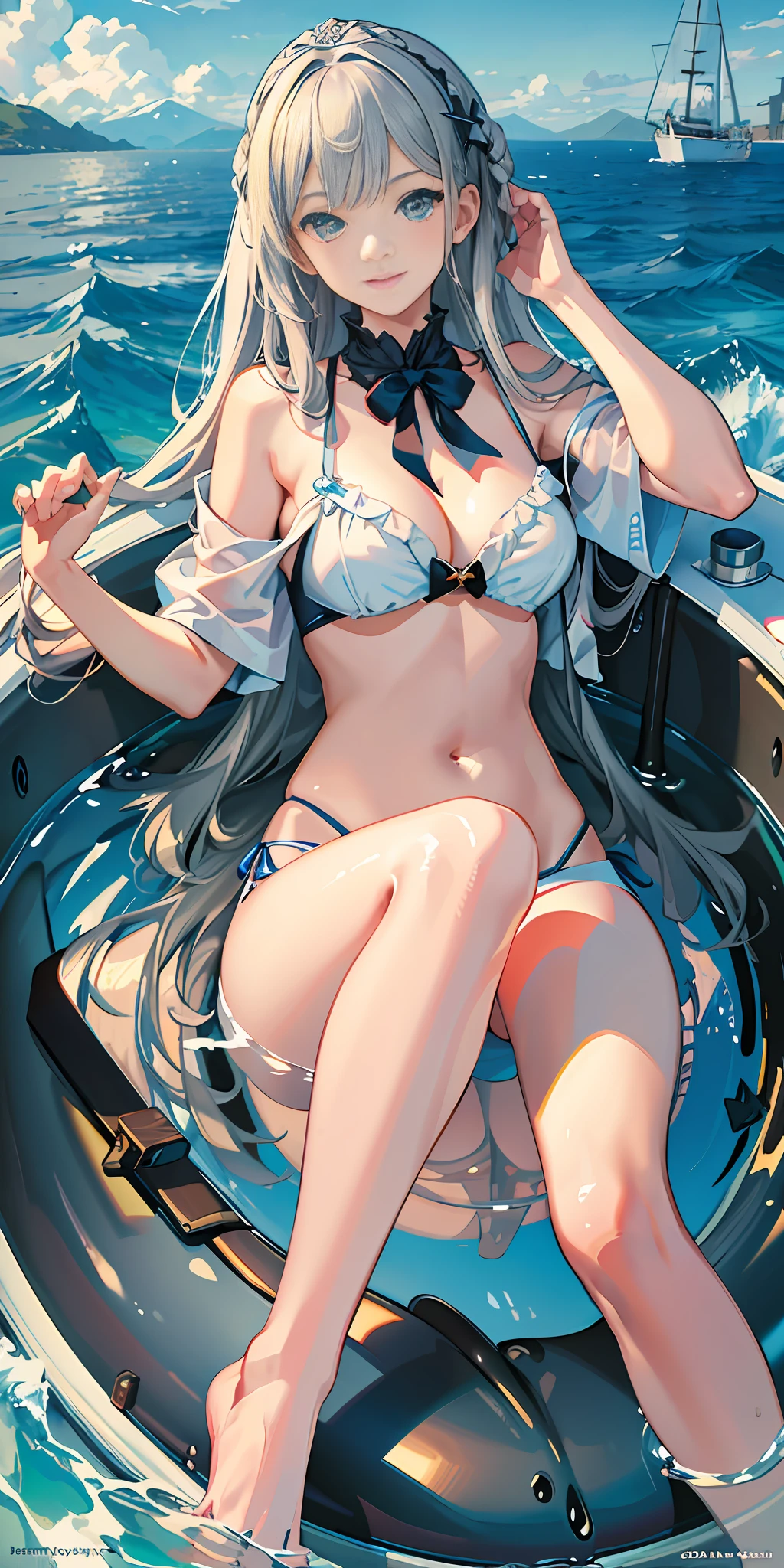((masterpiece)), (((best quality))), ((ultra-detailed)), ((illustration)) ,girl, boat, water surface, whirlpool, milk