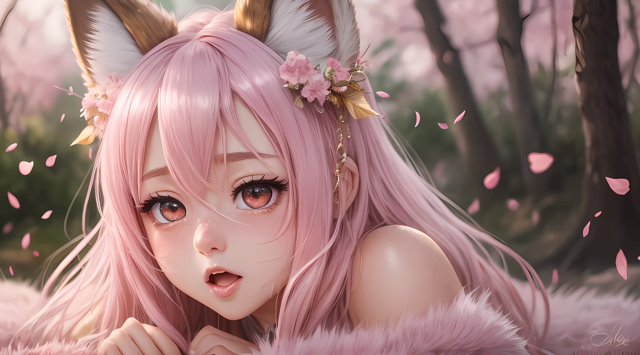 furry, pink fur, off-shoulder white semi-transparent morning dress, sitting on grass, sakura forest background, gold slit pupils, blushing:1, hair between eyes, pink hair, gradient hair, hair over shoulder, wet hair, shiny hair, bell, horns, forehead jewel, dragon horns, ta hairband, eye reflection, streaming tears, slit pupils, fox ears, wolf ears, embarrassed, blush, tongue, saliva, full blush, flustered, despair, full-face blush, Realism, Hyperrealism, ray tracing, reflection light, backlighting, Fujicolor, bokeh, UHD, retina, anatomically correct, super detail, best quality, highres