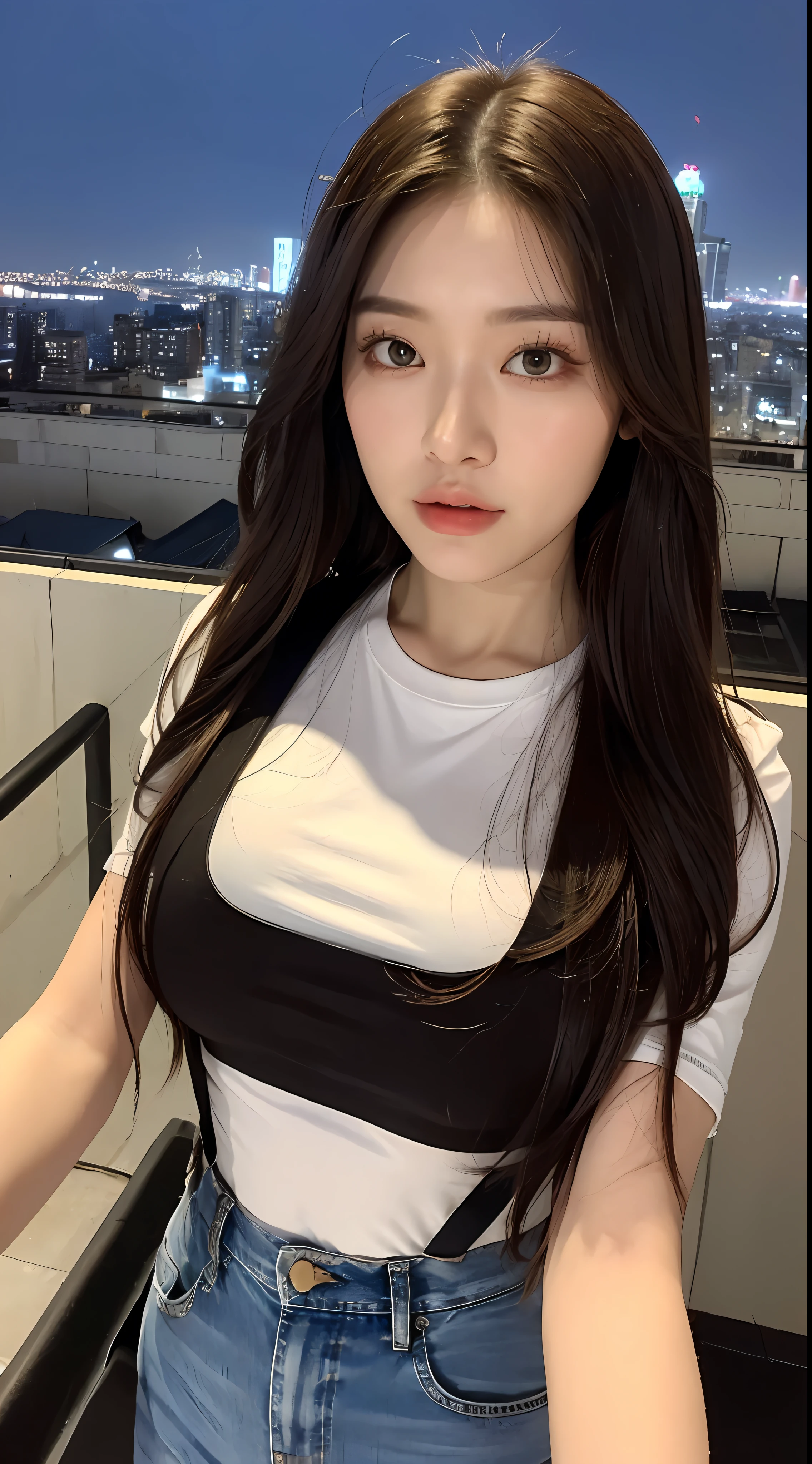 ((Midnight, Best quality, 8k, Masterpiece :1.3)), Whole body, Long legs, Sharp focus :1.2, A pretty woman with perfect figure :1.4, Slender abs :1.1, ((Dark brown hair, Big breasts :1.2)), (White tight tshirt, Jean bib, Standing:1.2), ((Night city view, Rooftop:1.3)), Highly detailed face and skin texture, Detailed eyes, Double eyelid
