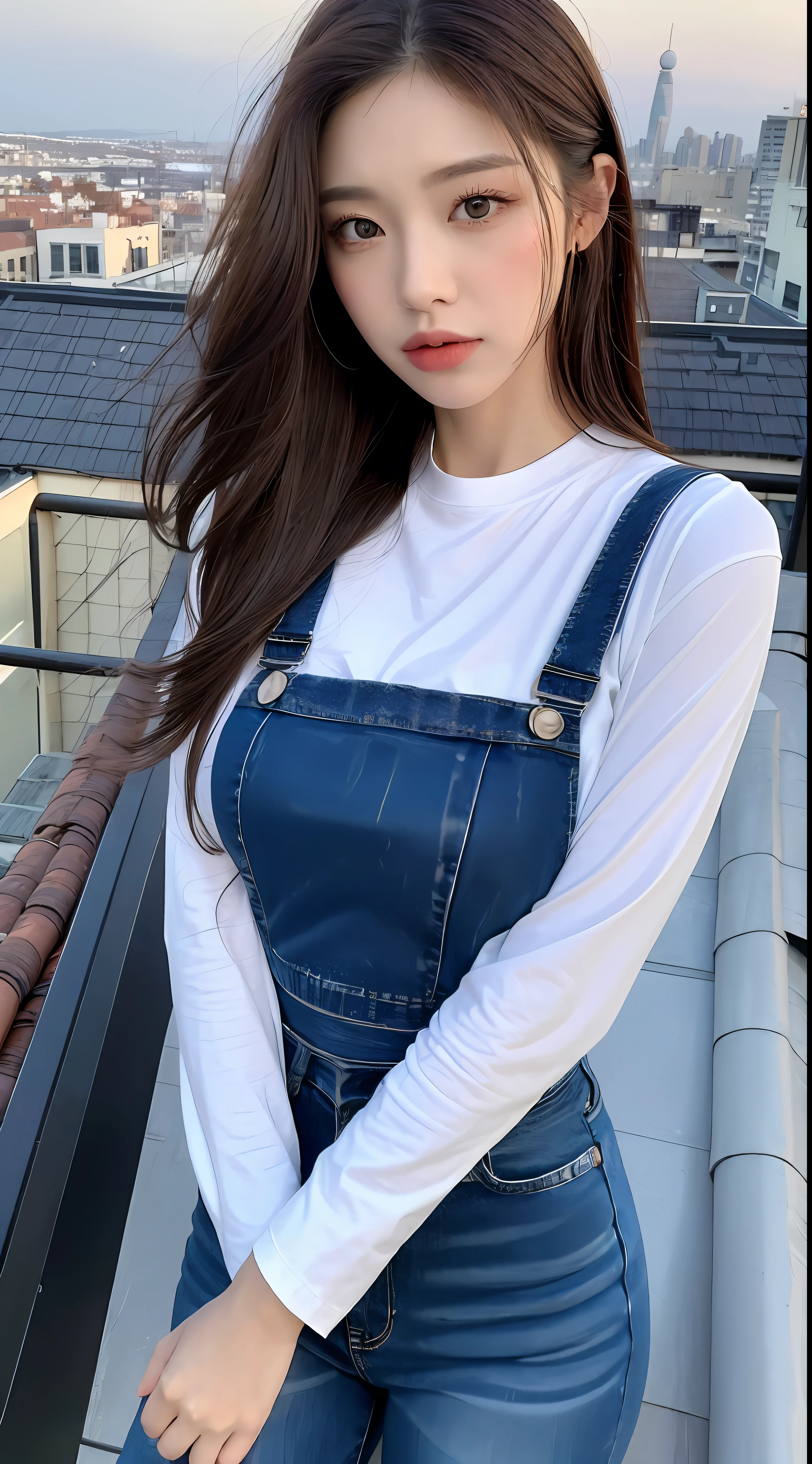 ((Midnight, Best quality, 8k, Masterpiece :1.3)), Whole body, Long legs, Sharp focus :1.2, A pretty woman with perfect figure :1.4, Slender abs :1.1, ((Dark brown hair, Big breasts :1.2)), (White tight tshirt, Jean bib, Standing:1.2), ((Night city view, Rooftop:1.3)), Highly detailed face and skin texture, Detailed eyes, Double eyelid