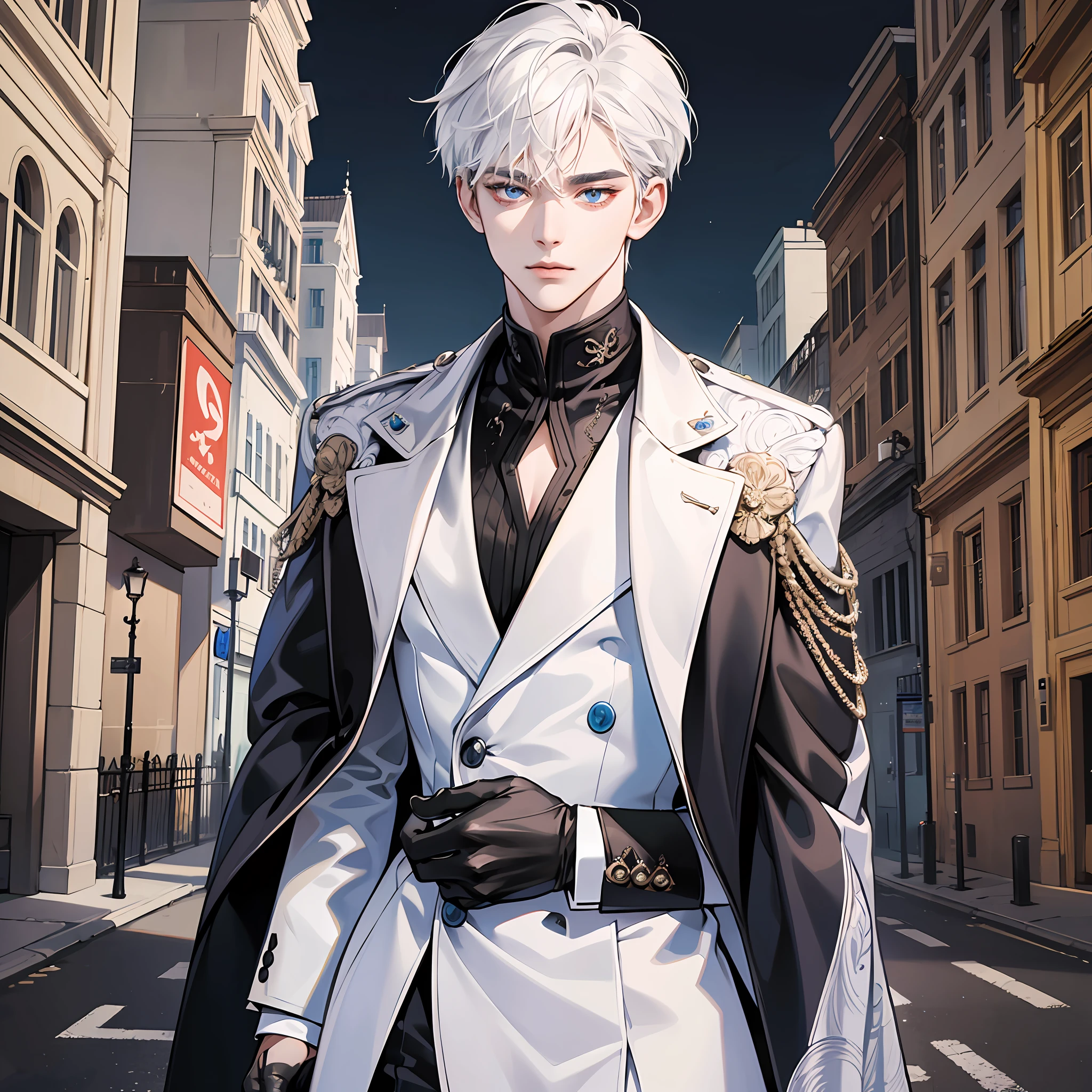 masterpiece, best quality, full body black suit and white blouse under jacket, maximum detail, intricate detail, White-haired porcelain-skinned man standing on a street of a brightly lit city, looking suspiciously at camera while donning black gloves, slim facial features and has eye make-up but its smeared from eyes, slim body features, glove hands, highly detailed wolf-cut hair, highly detailes cerulean eyes, gender MALE art by stdeneb, sezo and LYMSS --auto --s2