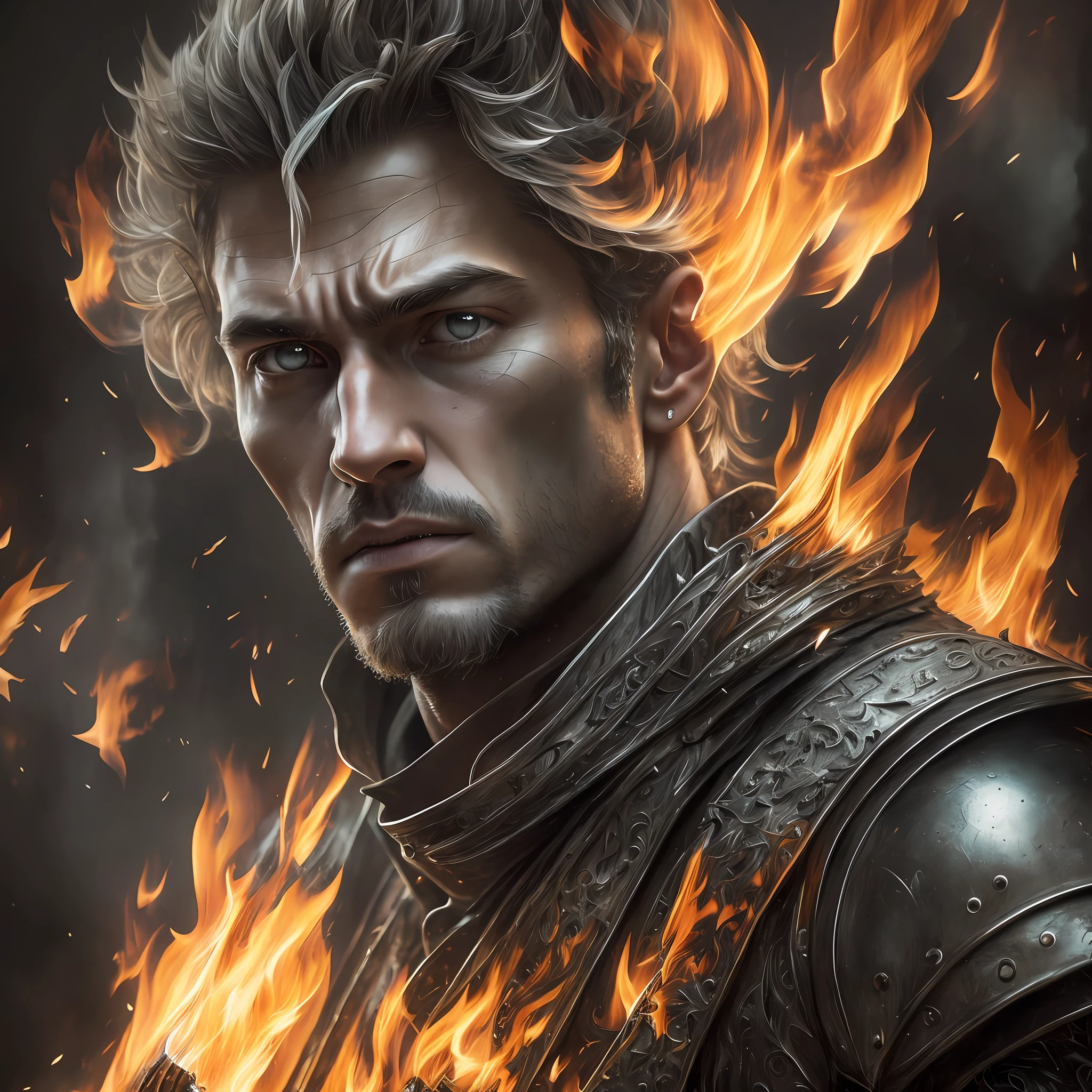 Drawing, realistic fantasy, detail, high detail, dynamism, Portrait of a guy 29 years old, light gray hair, short haircut, protruding hair, (hair detailing) brown eyes, (fine detail of the eyes),(beautiful: 1.3) snide facial expression, narrow, muscular body that evokes magical energy, metallist, fire particles, dissolve into thin air, linear movement, shot cinematically in Canon 5D ultra-realistic skin, Fabian Perez Henry Asensio, Jeremy Mann Mark  Simonetti fantasy magical horror atmosphere, (highly detailed environment:1.3), (((breathing fire, flame))) --auto --s2