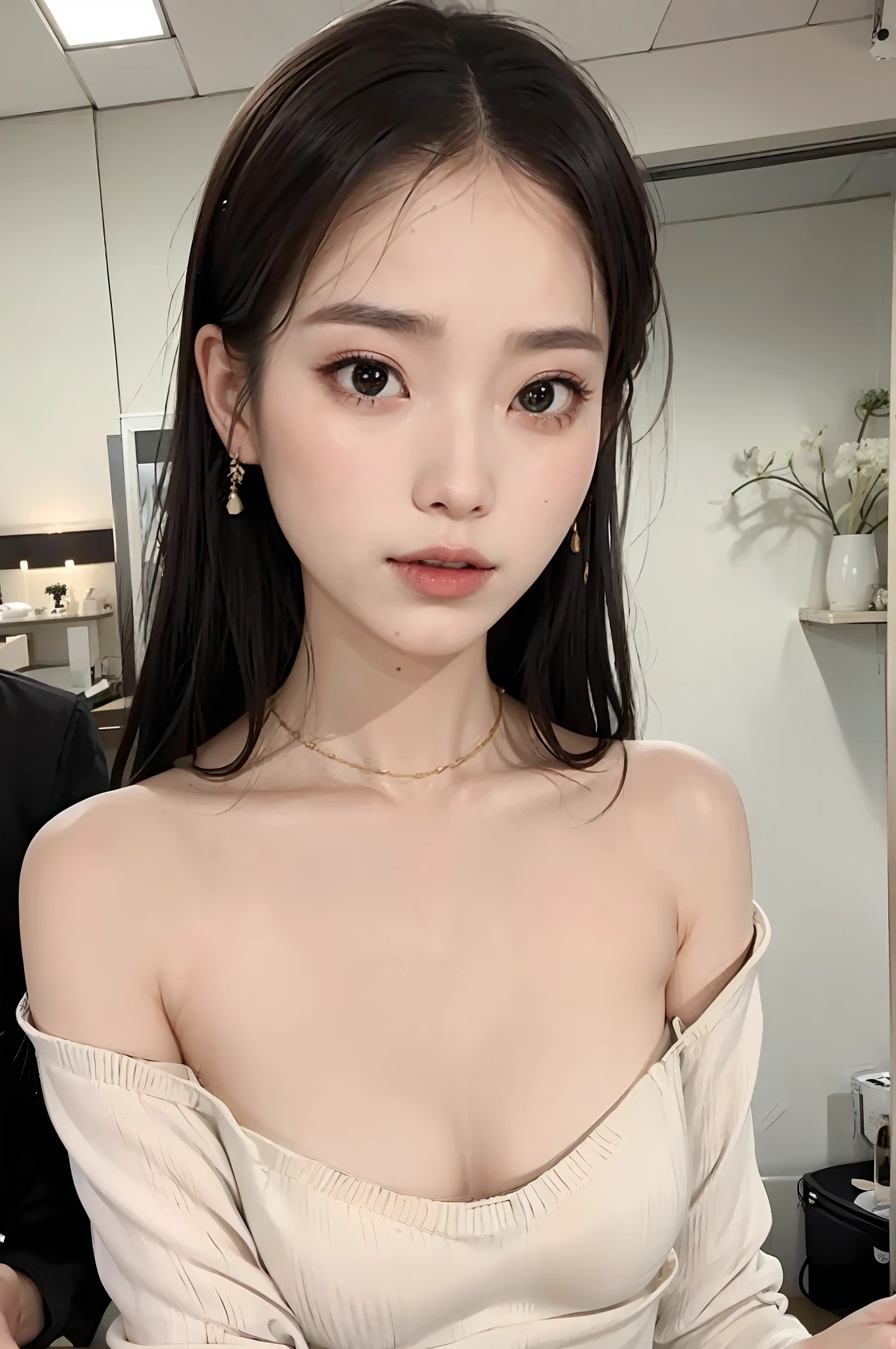 Fashion trendy beautiful and charming woman, gentle and charming Chinese beautiful woman, delicate and sexy collarbone, charming oval face, double eyelids, vivid peach blossom eyes, pink lips, small nose, bare shoulders, focus on the face, close-up of the face, Ultra-high-definition, super-detailed, full-body photo, ultra-thin and light-transmitting, white cake dress, layered design is very individual, hides meat and looks thin, with a beige sweater as a whole, it gives a fresh and elegant look, which can be seen through