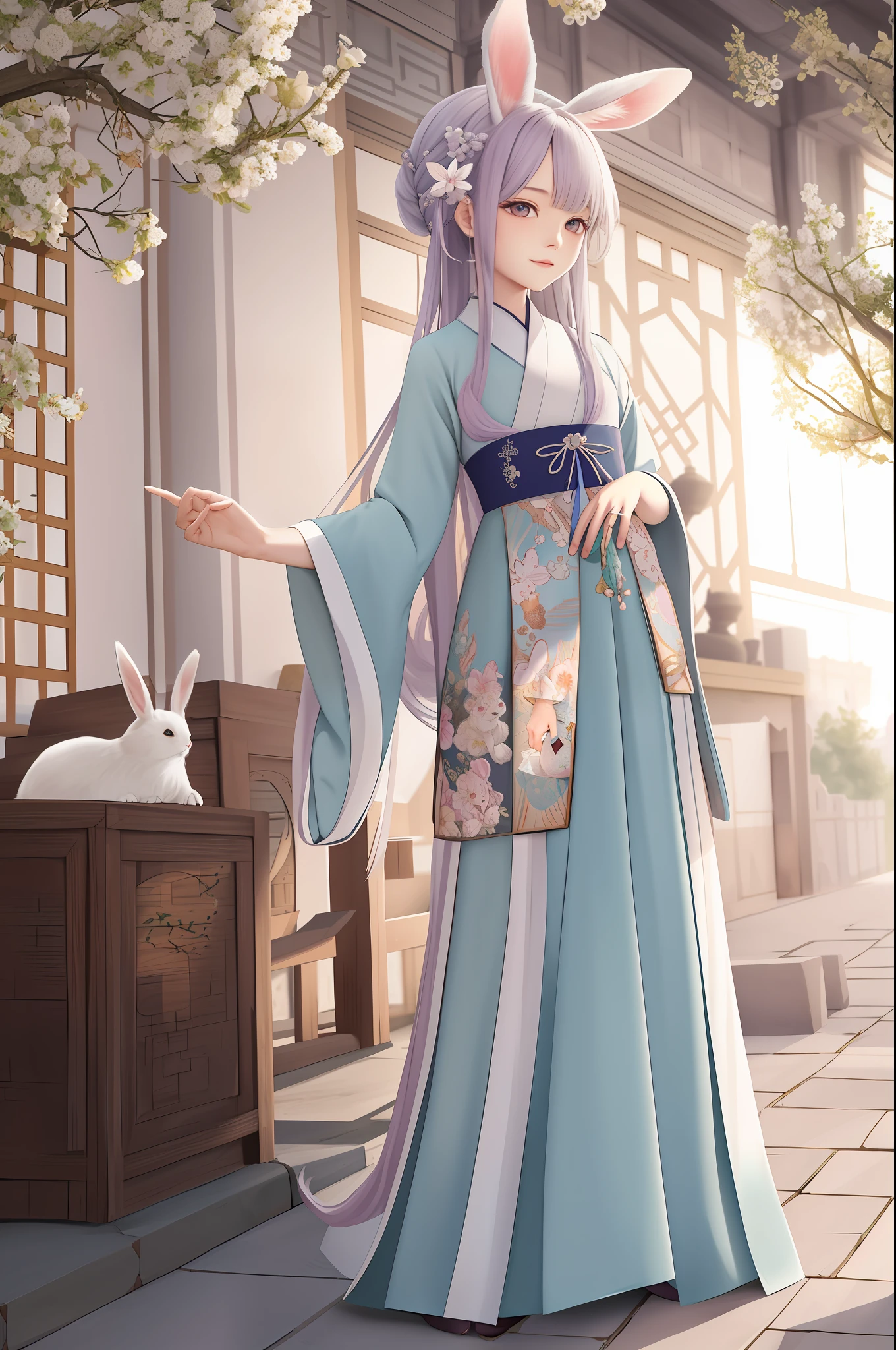 Ancient Hanfu, long hair, long skirt, rabbit ears, lop-eared rabbit, palace, fluttering clothes