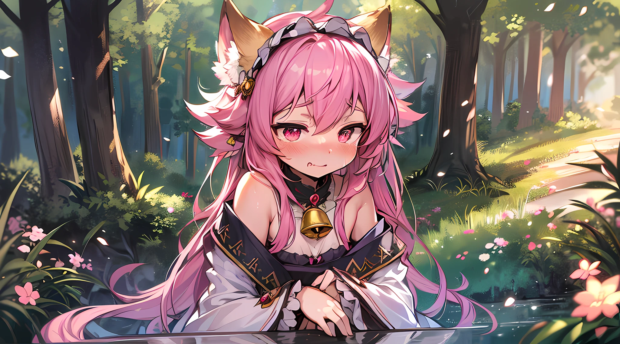 furry, pink fur, off-shoulder white semi-transparent morning dress, sitting on grass, sakura forest background, gold slit pupils, blushing:1, hair between eyes, pink hair, gradient hair, hair over shoulder, wet hair, shiny hair, bell, horns, forehead jewel, lolita hairband, eye reflection, streaming tears, slit pupils, fox ears, wolf ears, embarrassed, blush, saliva, full blush, flustered, despair, full-face blush, Realism, Hyperrealism, ray tracing, reflection light, backlighting, Fujicolor, bokeh, UHD, retina, anatomically correct, super detail, best quality, highres