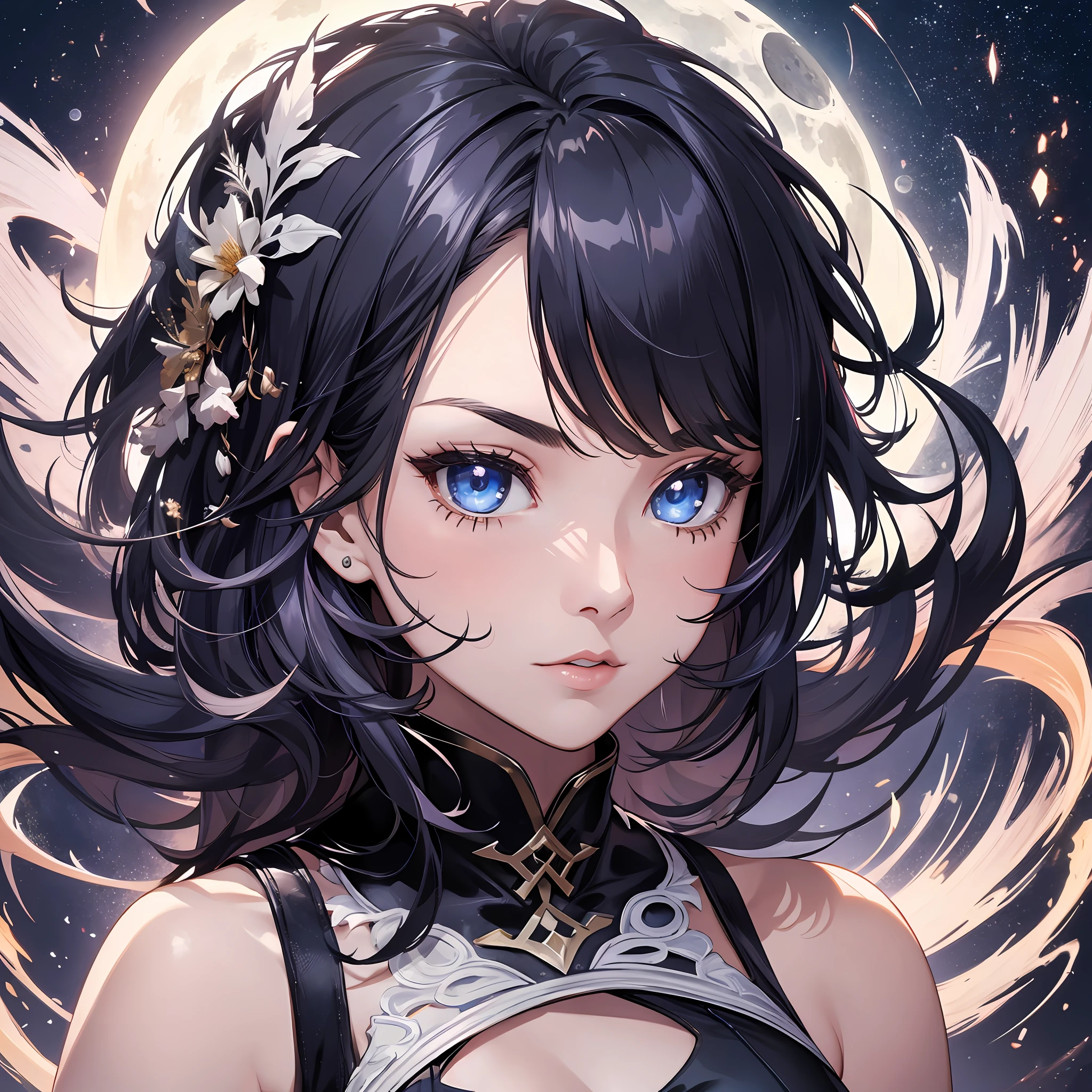 1girl,solo,moon goddess,white and black hair, crescent moon in the background, wearing a moon dress,BREAK,highest quality digital art, Stunning art, wallpaper 4k,8k,64k, HD, unparalleled masterpiece, dynamic lighting, cinematic, epic