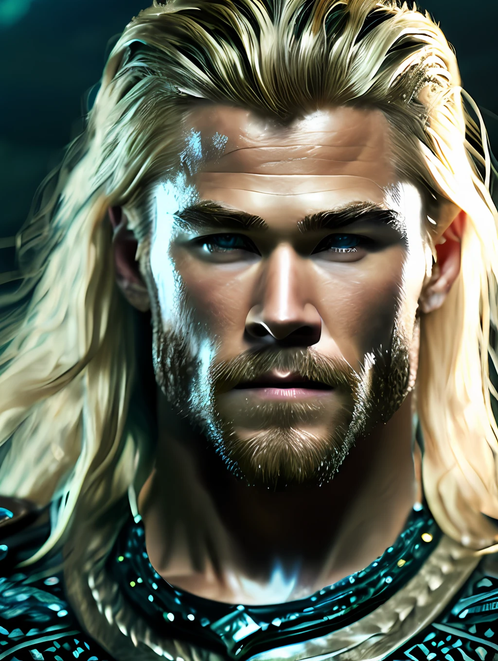 A photorealistic portrait of Chris Hemsworth with long white hair, as Poseidon God of the Seas, wearing a chain around his neck (glowing green chain:1.2) (in hand:1.2), cinematic rim light, very strong and fitted, intense action, dynamic juxtaposition, wearing royal clothes and holding a bronze trident with precious gems, warrior helmet and a sword, with a futuristic underwater kingdom as the background, fierce, tumblr contest winner, hurufiyya, very strong and masculine, movie still, cinematic lighting. photograph, detailed symmetric realistic face, extremely detailed natural texture, peach fuzz, long waived hair, masterpiece, absurdres, nikon d850 film stock photograph, kodak portra 400 camera f1.6 lens, extremely detailed, amazing, fine detail, hyper realistic lifelike texture, dramatic lighting, unrealengine, trending on artstation, cinestill 800 tungsten, looking at the viewer, photo realistic, RAW photo, TanvirTamim, high quality, highres, sharp focus, extremely detailed, cinematic lighting, 8k uhd,-imagine-