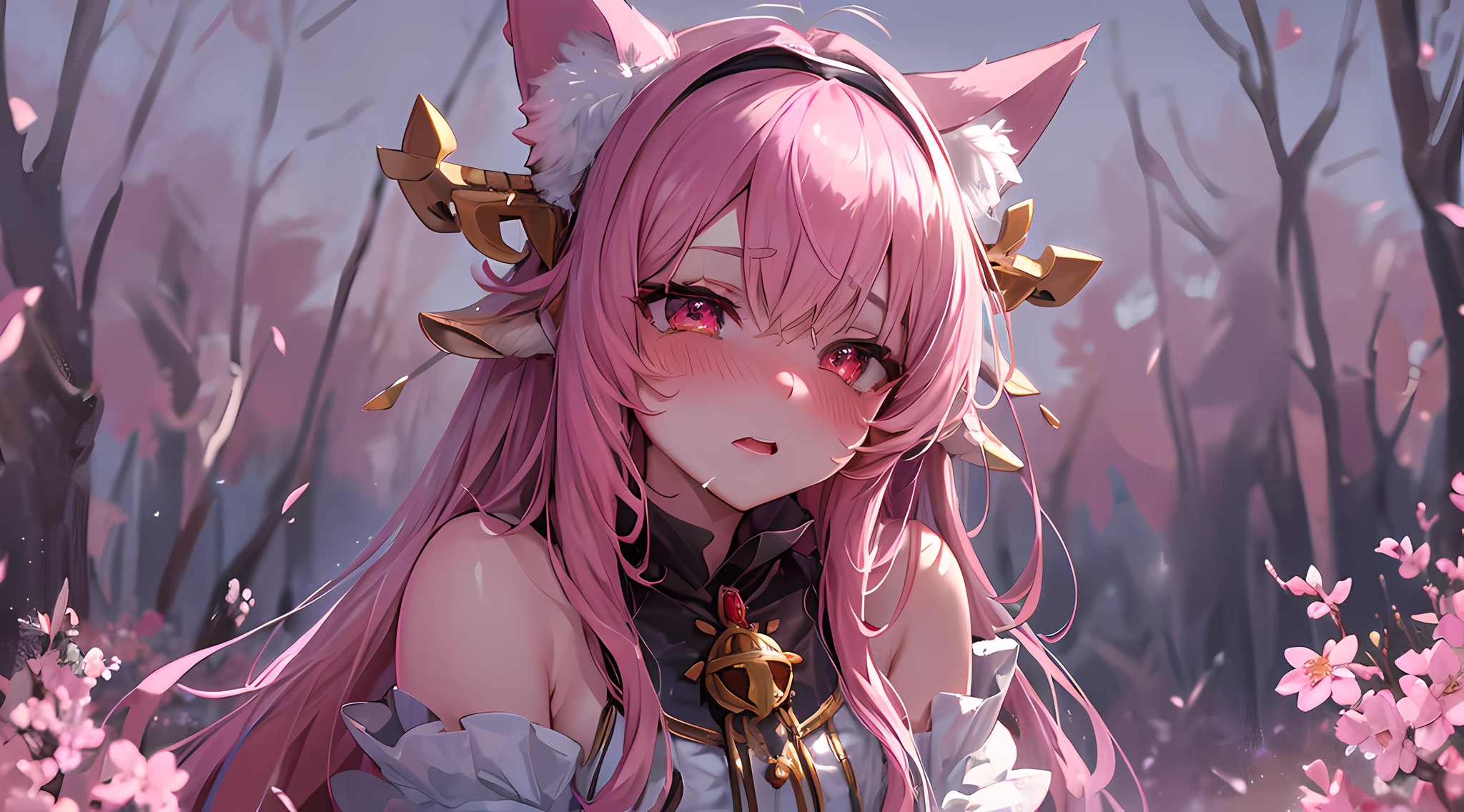 furry, pink fur, off-shoulder white semi-transparent morning dress, sitting on grass, sakura forest background, gold slit pupils, blushing:1, hair between eyes, pink hair, gradient hair, hair over shoulder, wet hair, shiny hair, bell, horns, forehead jewel, lolita hairband, eye reflection, streaming tears, slit pupils, fox ears, wolf ears, embarrassed, blush, saliva, full blush, flustered, despair, full-face blush, Realism, Hyperrealism, ray tracing, reflection light, backlighting, Fujicolor, bokeh, UHD, retina, anatomically correct, super detail, best quality, highres