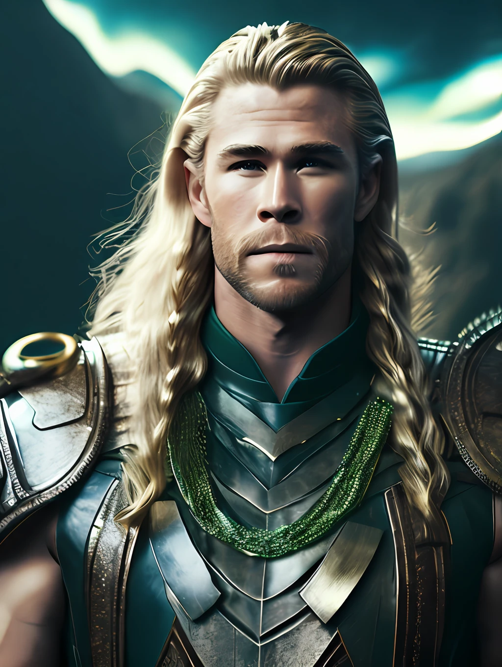 A photorealistic portrait of Chris Hemsworth with long white hair, as Poseidon God of the Seas, wearing a chain around his neck (glowing green chain:1.2) (in hand:1.2), cinematic rim light, very strong and fitted, intense action, dynamic juxtaposition, wearing royal clothes and holding a bronze trident with precious gems, warrior helmet and a sword, with a futuristic underwater kingdom as the background, fierce, tumblr contest winner, hurufiyya, very strong and masculine, movie still, cinematic lighting. photograph, detailed symmetric realistic face, extremely detailed natural texture, peach fuzz, long waived hair, masterpiece, absurdres, nikon d850 film stock photograph, kodak portra 400 camera f1.6 lens, extremely detailed, amazing, fine detail, hyper realistic lifelike texture, dramatic lighting, unrealengine, trending on artstation, cinestill 800 tungsten, looking at the viewer, photo realistic, RAW photo, TanvirTamim, high quality, highres, sharp focus, extremely detailed, cinematic lighting, 8k uhd,-imagine-