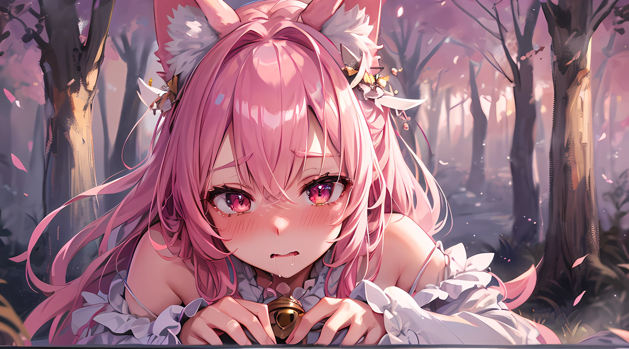 furry, pink fur, off-shoulder white semi-transparent morning dress, sitting on grass, sakura forest background, gold slit pupils, blushing:1, hair between eyes, pink hair, gradient hair, hair over shoulder, wet hair, shiny hair, bell, horns, forehead jewel, ta hairband, eye reflection, streaming tears, slit pupils, fox ears, wolf ears, embarrassed, blush, saliva, full blush, flustered, despair, full-face blush, Realism, Hyperrealism, ray tracing, reflection light, backlighting, Fujicolor, bokeh, UHD, retina, anatomically correct, super detail, best quality, highres
