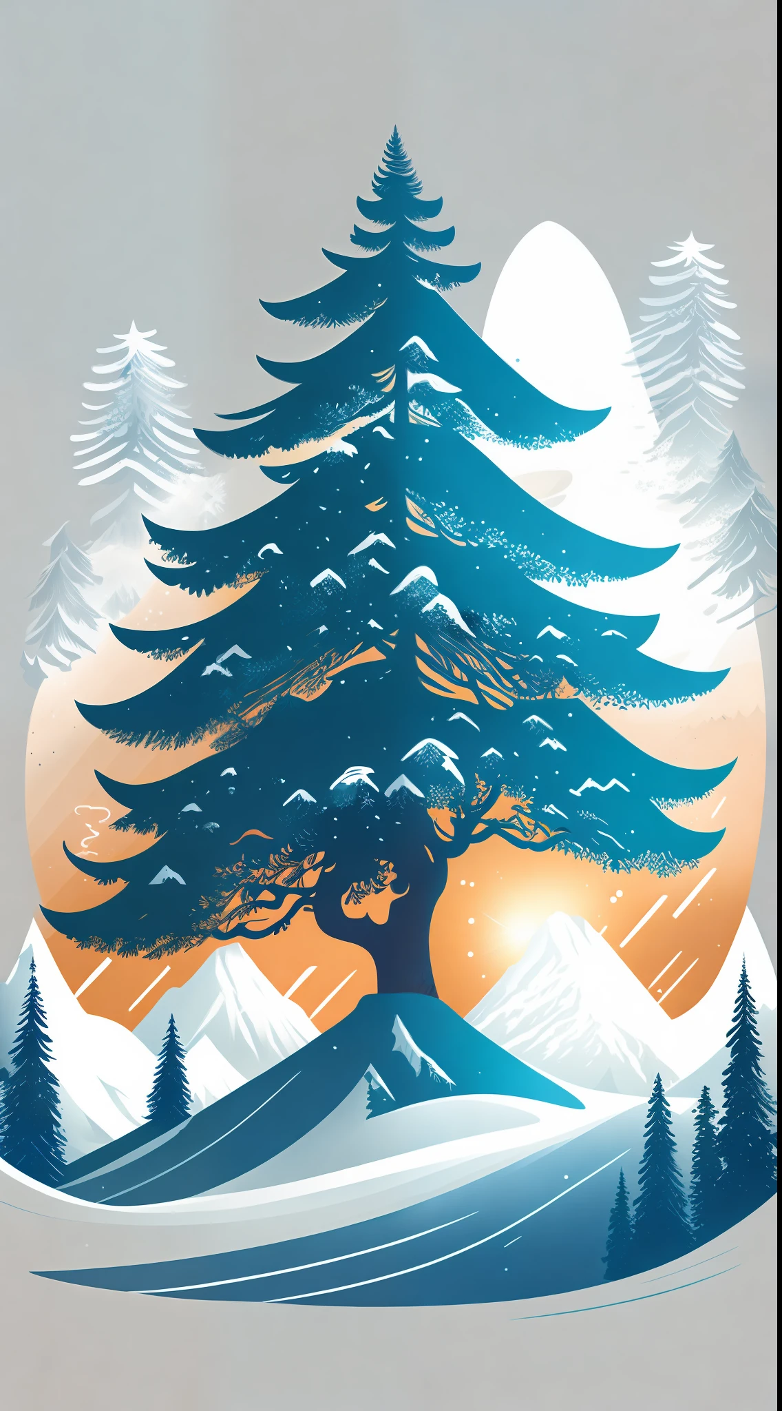 A spruce tree in a winter landscape, t-shirt design, rzminjourney, vector art