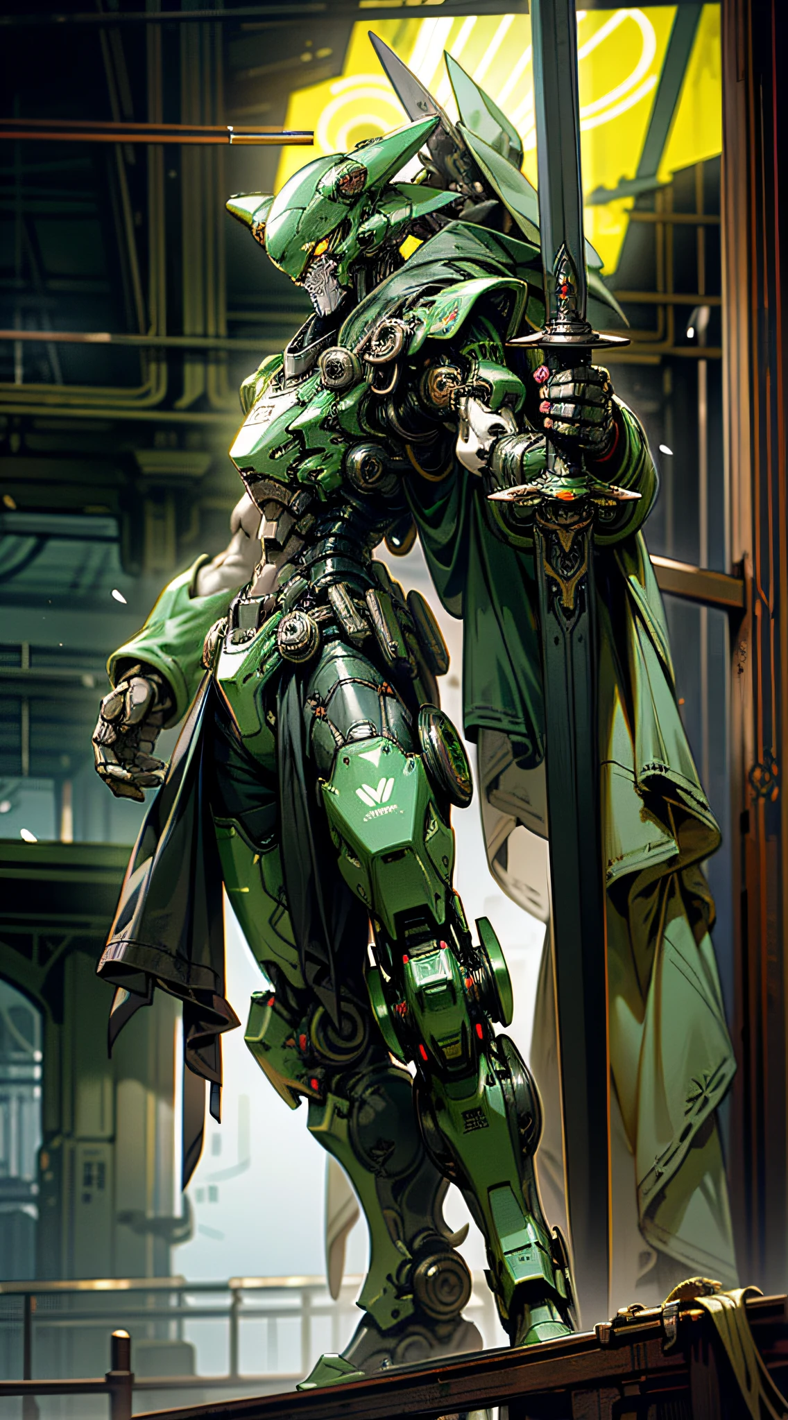 Dark_Fantasy, Cyberpunk, (green:1.1), 1 Panda, Mechanical marvel, Robotic presence, wearing a shabby mech suit, green panda mech, green light, carrying a big sword, big sword, intricate, (steel metal [rusty]), elegant, clear focus, photographed by greg rutkowski, soft lighting, bright colors, masterpiece, dynamic pose, Mecha steaming, steam