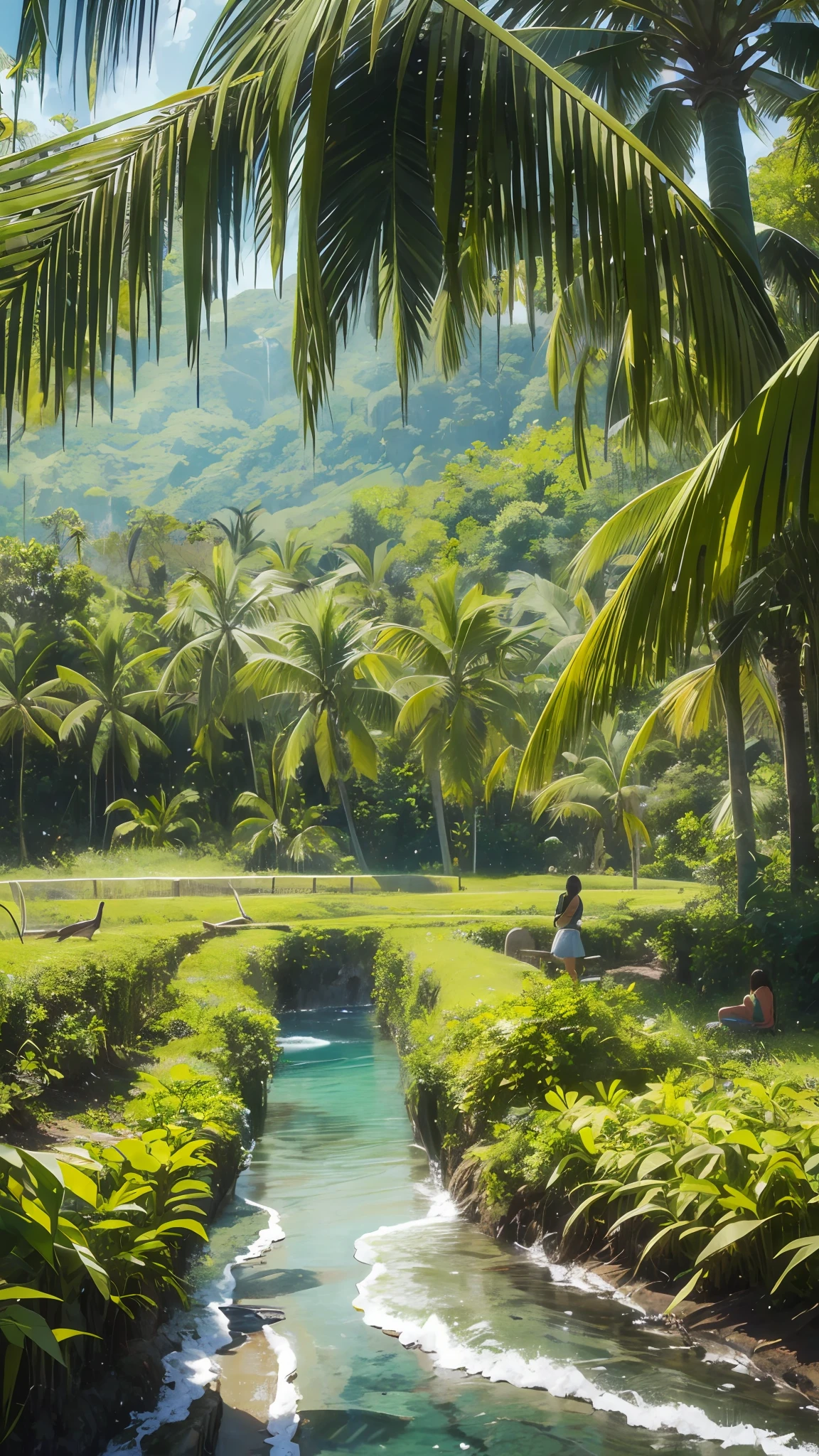 “Create a captivating image in a vibrant and dynamic style that represents the essence of Jamaica. In the center of the image, depict a lush tropical forest with towering trees, alongside fields of swaying sugar cane. Use a rich color palette, incorporating deep greens for the forest and vibrant shades of green for the sugar cane, capturing the diverse and abundant nature of the Jamaican landscape. To enhance the depiction of the sugar cane fields, include workers tending to the crops, showcasing the agricultural significance of sugar cane in Jamaica’s history and economy. Emphasize the tall stalks and vibrant green color of the sugar cane, bringing them to life in the composition. Integrate the lively and colorful birdlife found in Jamaican forests. Illustrate native birds such as the Jamaican Tody or the Red-billed Streamertail, known as the national bird of Jamaica. These birds, with their vibrant plumage and unique characteristics, add an element of beauty and enchantment to the image. In the background, capture the majestic Blue Mountains, their misty peaks rising in the distance. These mountains are not only a stunning natural feature of Jamaica but also contribute to the ideal conditions for growing coffee. Incorporate subtle elements that represent the coffee industry, such as coffee plants or a small coffee bean illustration. To add a touch of Jamaican culture, include individuals engaging in activities that reflect the island’s spirit, such as playing reggae music, dancing, or enjoying the vibrant local cuisine. Ensure that the composition portrays depth and movement, with birds soaring through the air, leaves rustling in the wind, and the warm glow of sunlight filtering through the forest canopy. This will create a sense of energy and immersion in the --auto --s2