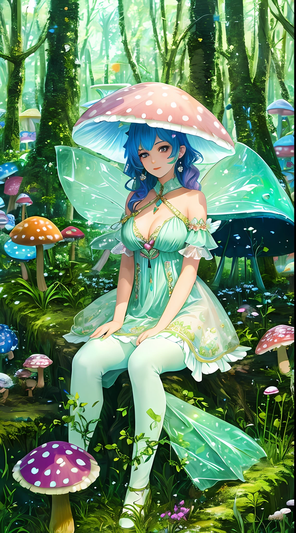 Forest fairy, beautiful woman 25 years old, beautiful body, aesthetics of the female body, macro photography, dew drops, giant grass, fairy tale atmosphere, fabulous bright houses in the grass, stump village, fairy town, many colorful mushrooms, mushroom village