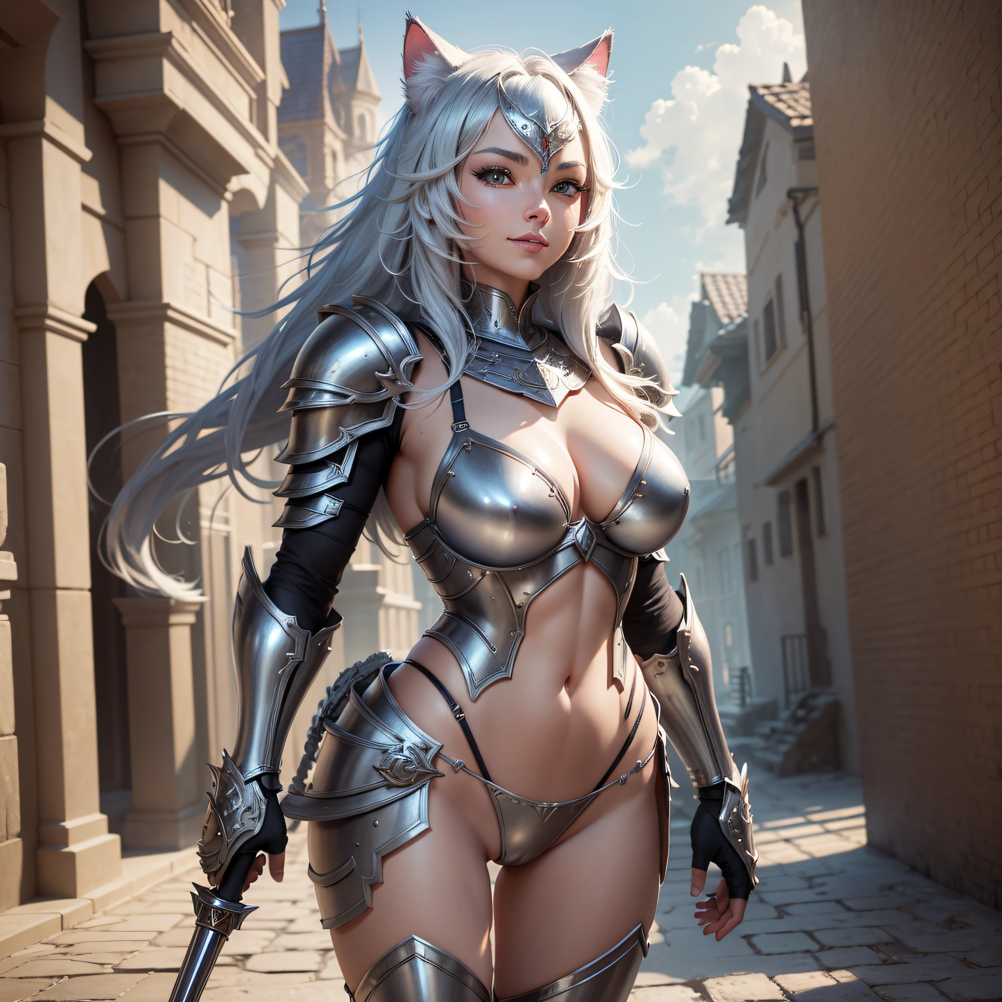 Super cute furry cat warrior in armor, armor is gold and silver and silver, realistic, body portrait, bikini armor, sexy, 4K, super detailed, vray rendering, Unreal engine, mid-journey art style, the most beautiful image in the world, amazing location, 4k, 8k, ultra high resolution, high resolution, HDR, smile, ((standing)))), Full body, amazing place, 4k, 8k, hyper gallity, highly detailed, hyper gulity, highly detailed, water--V5--S 750--Q2, ((masterpiece, highest quality, high quality, high resolution)), great place, best quality, body portrait, sexy, ((bikini armor)), --auto --s2