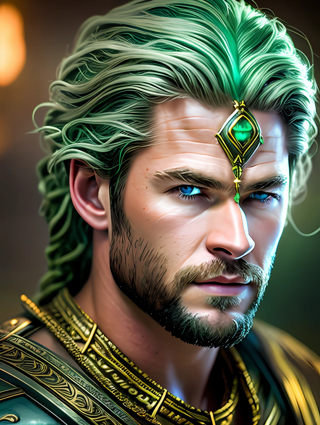 A photorealistic portrait of Chris Hemsworth with long white hair, as Poseidon God of the Seas, wearing a chain around his neck (glowing green chain:1.2) (in hand:1.2), cinematic rim light, very strong and fitted, intense action, dynamic juxtaposition, wearing royal clothes and holding a bronze trident with precious gems, warrior helmet and a sword, with a futuristic underwater kingdom as the background, fierce, tumblr contest winner, hurufiyya, very strong and masculine, movie still, cinematic lighting. photograph, detailed symmetric realistic face, extremely detailed natural texture, peach fuzz, long waived hair, masterpiece, absurdres, nikon d850 film stock photograph, kodak portra 400 camera f1.6 lens, extremely detailed, amazing, fine detail, hyper realistic lifelike texture, dramatic lighting, unrealengine, trending on artstation, cinestill 800 tungsten, looking at the viewer, photo realistic, RAW photo, TanvirTamim, high quality, highres, sharp focus, extremely detailed, cinematic lighting, 8k uhd,-imagine-