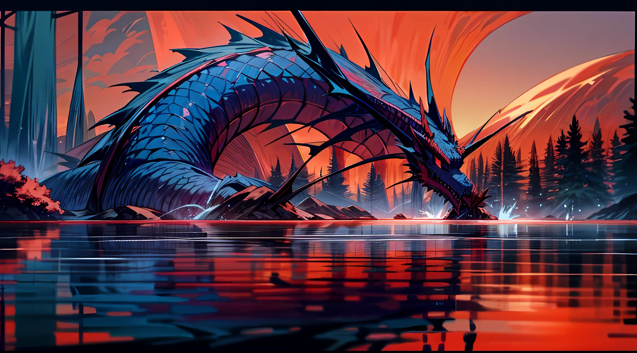 (dense forest background:1.2+horizon:0.8), huge lake, blue glow, shaded daytime sky, sharp details, red dragon drinking water at the edge of the lake on the horizon, fire dragon, red scale dragon, rising sun, good clarity, add_detail:1, pov, ultra-detailed, scenery, 4K wallpaper