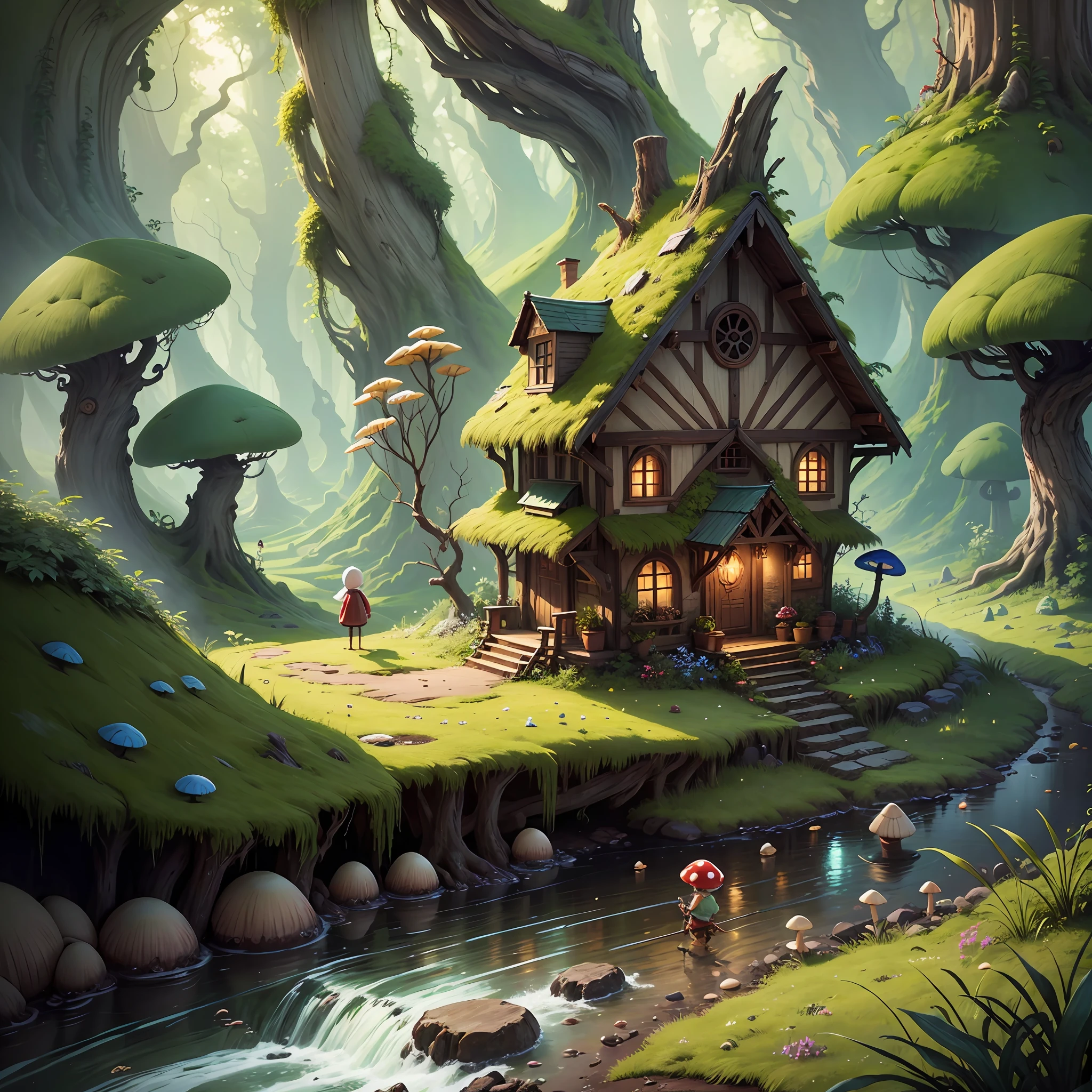 Small elf, holding a cane, forest landscape, mushroom houses, river, lighting, 8k quality, various details, cinematic focus --auto --s2