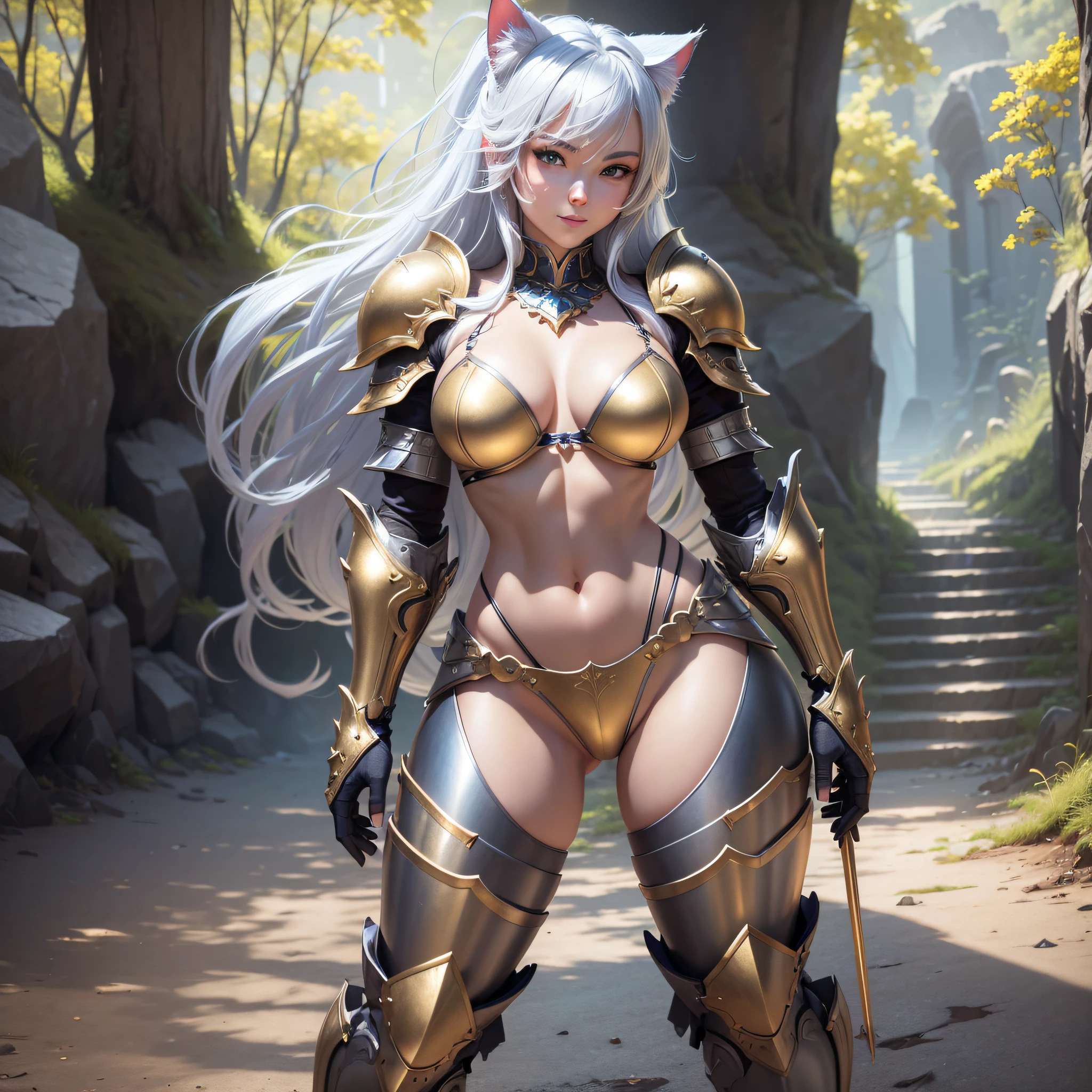 Super cute furry cat warrior in armor, armor is gold and silver and silver, realistic, body portrait,  armor, , 4K, super detailed, vray rendering, Unreal engine, mid-journey art style, the most beautiful image in the world, amazing location, 4k, 8k, ultra high resolution, high resolution, HDR, smile, ((standing)))), Full body, amazing place, 4k, 8k, hyper gallity, highly detailed, hyper gulity, highly detailed, water--V5--S 750--Q2, ((masterpiece, highest quality, high quality, high resolution)), great place, best quality, body portrait, , (( armor)), --auto --s2