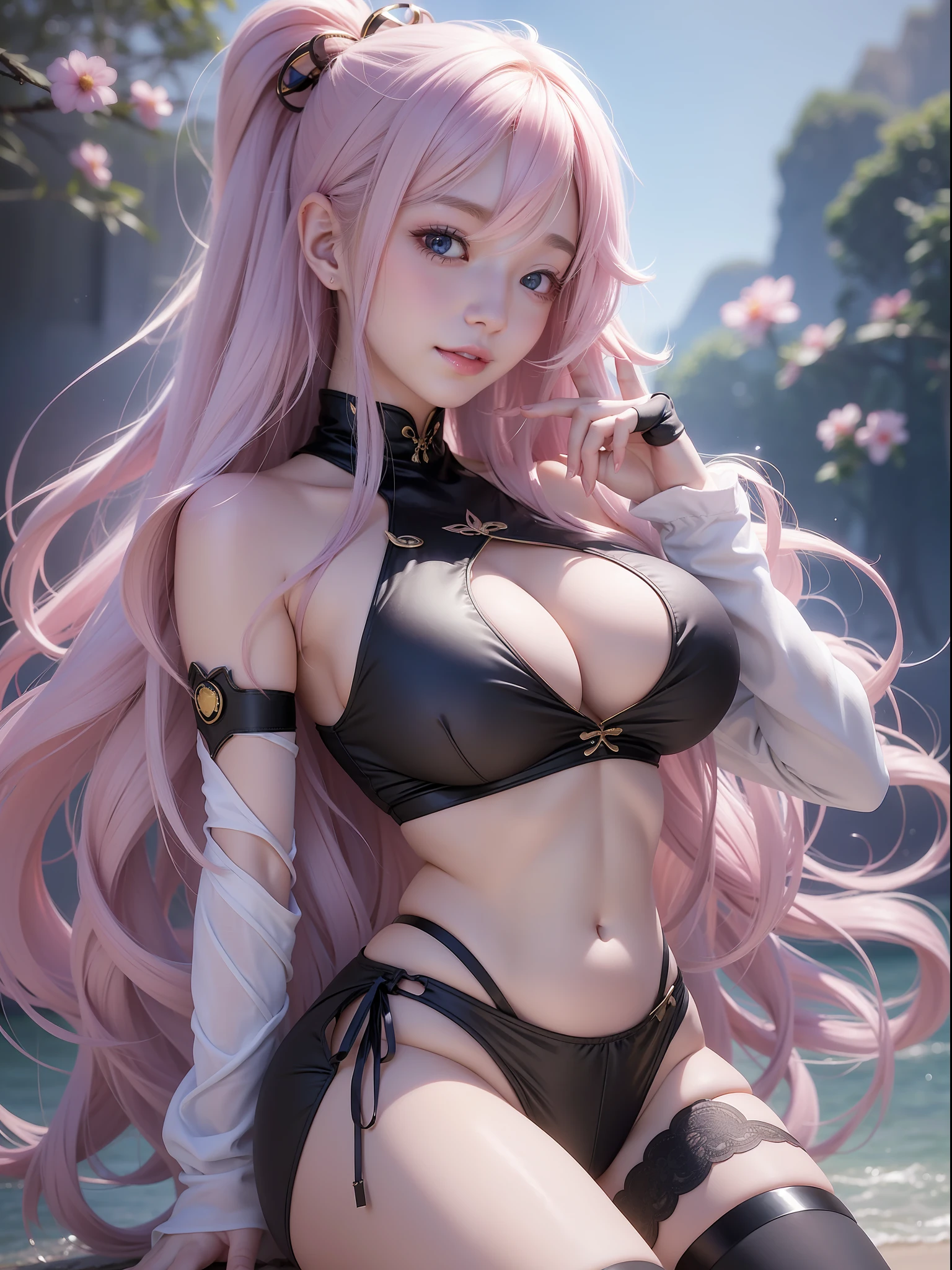 anime girl with absolutely beautiful long hair, ???? ??????, anime moe artstyle, cute anime girl, cute anime girl portrait, pretty anime girl, portrait of cute anime girl, kawaii realistic portrait, anime visual of a cute girl, cute anime girl portraits, portrait anime girl, anime style portrait, beautiful anime girl, full body, smile, (huge ?????:1.2), navel, thin waist, (big hip), Thighs