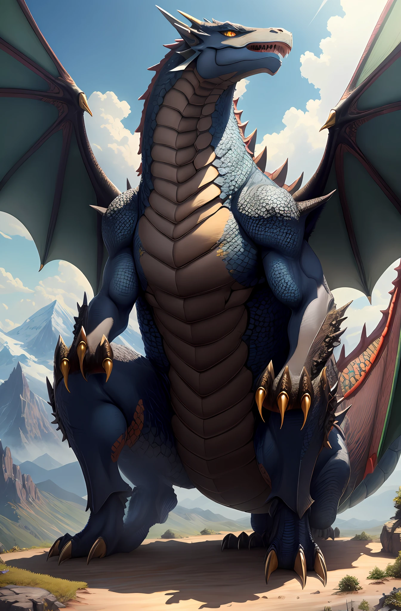 (16k, masterpiece, best quality), ultra-detailed, high quality, high resolution, shadow dragon, mountain, detailed scale, detailed claws, open wing, dragon breath, outdoor, sky, close view