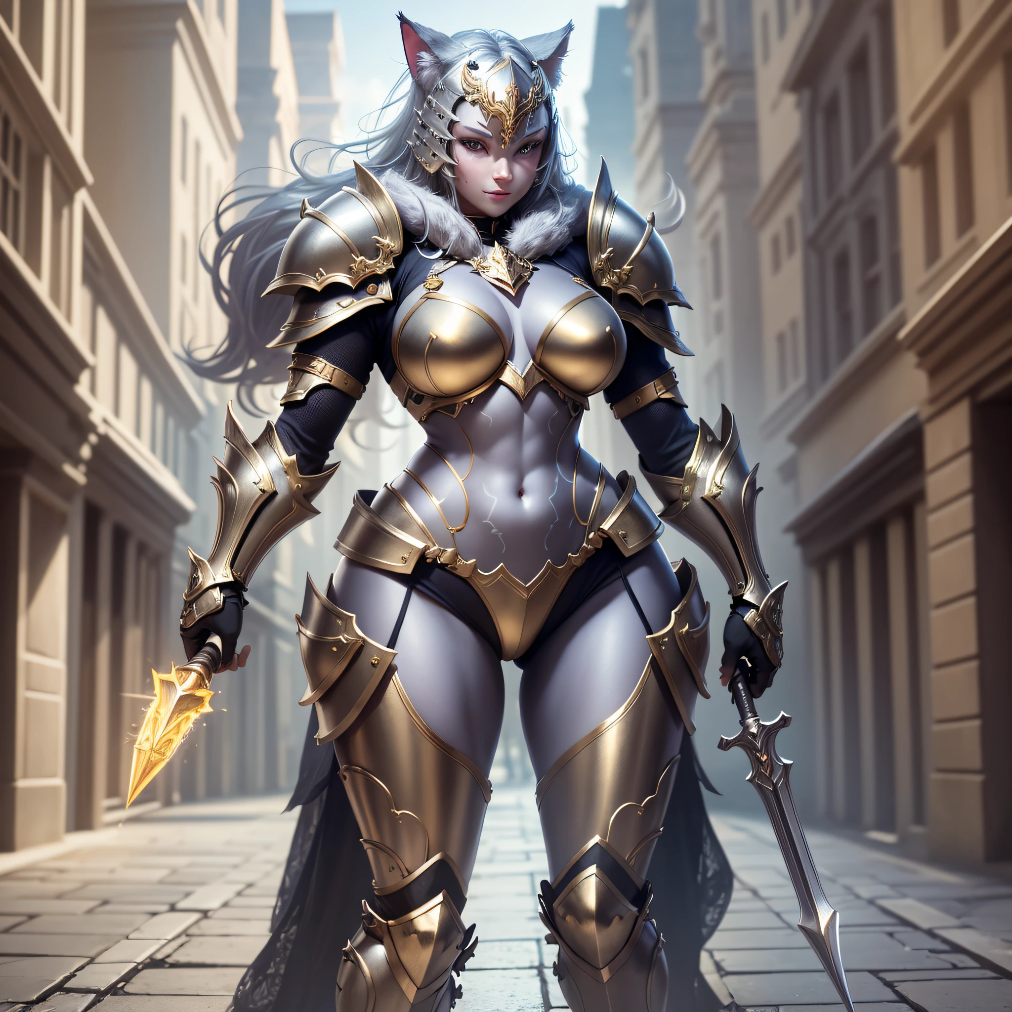 Super cute furry cat warrior in armor, armor is gold and silver and silver, realistic, body portrait, bikini armor, sexy, 4K, super detailed, vray rendering, Unreal engine, mid-journey art style, the most beautiful image in the world, amazing location, 4k, 8k, ultra high resolution, high resolution, HDR, smile, ((standing)))), Full body, amazing place, 4k, 8k, hyper gallity, highly detailed, hyper gulity, highly detailed, water--V5--S 750--Q2, ((masterpiece, highest quality, high quality, high resolution)), great place, best quality, body portrait, sexy, ((bikini armor)), --auto --s2