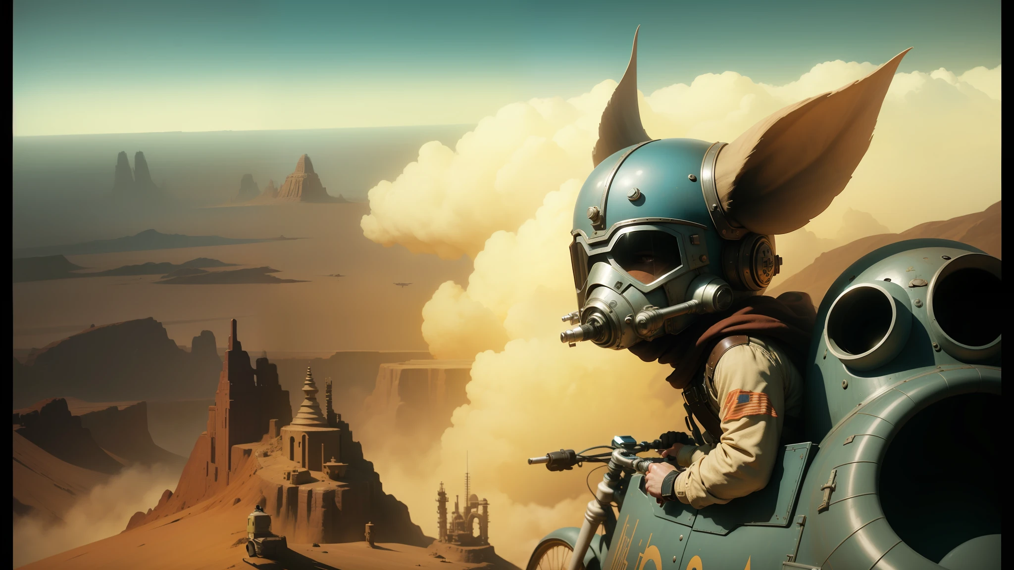 there is a man in a helmet riding on a plane, amazing exquisite matte painting, diesel punk, black mos eisley, chris mars, style of ralph steadman, badlands, detailed cinematic shot, steampunk tribal mask, anthropomorphic warrior piglet, by Terry Oakes, speeder, 2015 cinematography, rey, 1 9 2 0's sci - fi --ar 16:9 --auto --s2