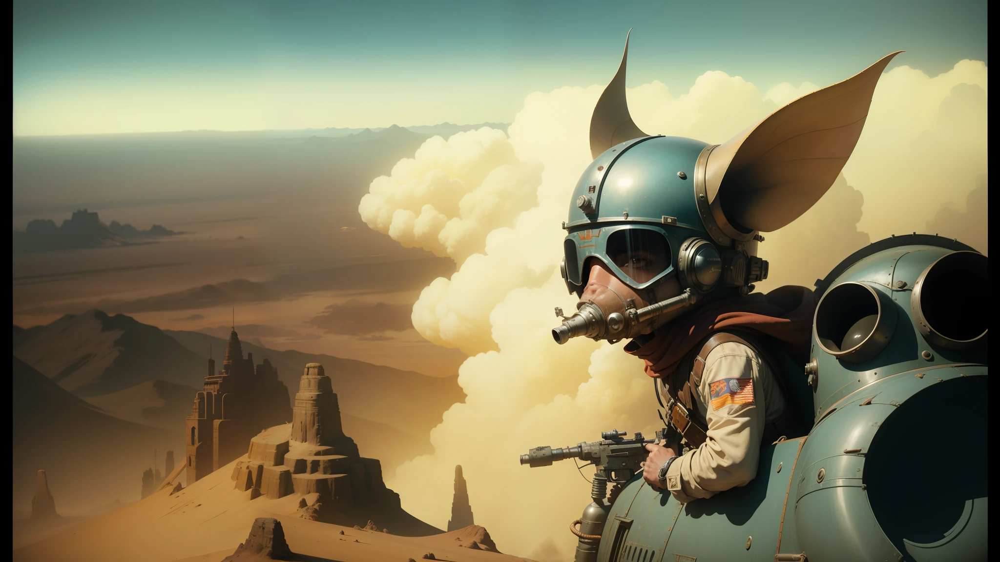 there is a man in a helmet riding on a plane, amazing exquisite matte painting, diesel punk, black mos eisley, chris mars, style of ralph steadman, badlands, detailed cinematic shot, steampunk tribal mask, anthropomorphic warrior piglet, by Terry Oakes, speeder, 2015 cinematography, rey, 1 9 2 0's sci - fi --ar 16:9 --auto --s2