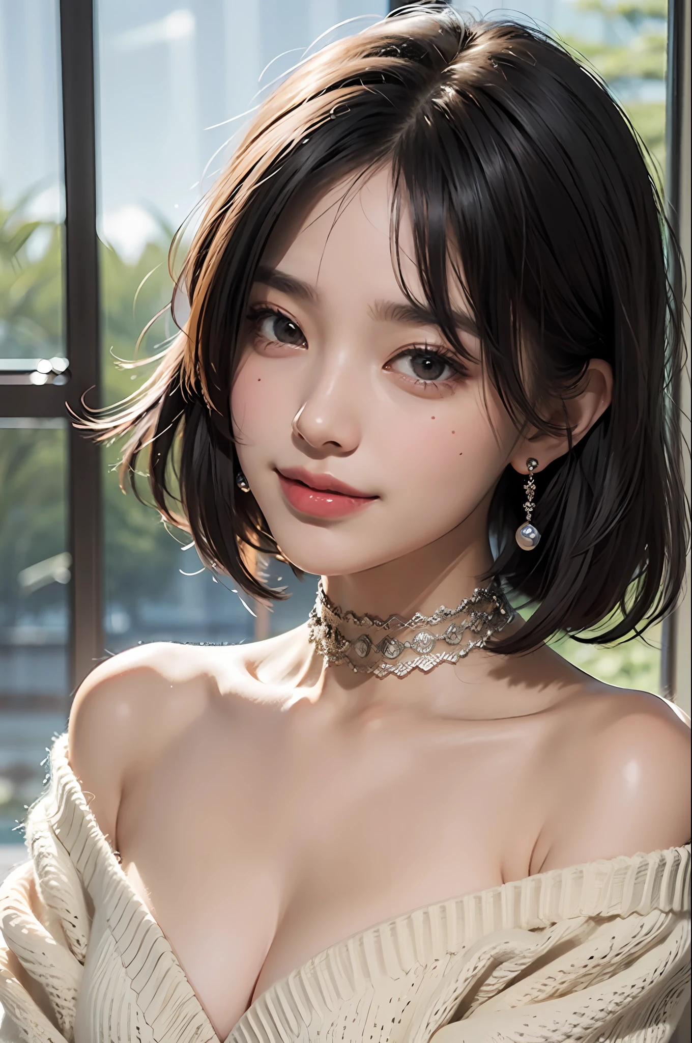 Top Quality, Masterpiece, Ultra High Resolution, Photorealistic, 1 Girl, Off Shoulder, Knit, Smile, Smile, Slightly Visible, oversized_sweater, Soft Lighting, Detailed Skin, Bangs, Black Hair, Clear Eyes, Short Bob Hair, Transparency, Japan, Korean, Beautiful Woman, Upper Eyes, Lip Gloss, Black Thick Choker, Teardrops, Mole on the Chest, Highlights in the eyes