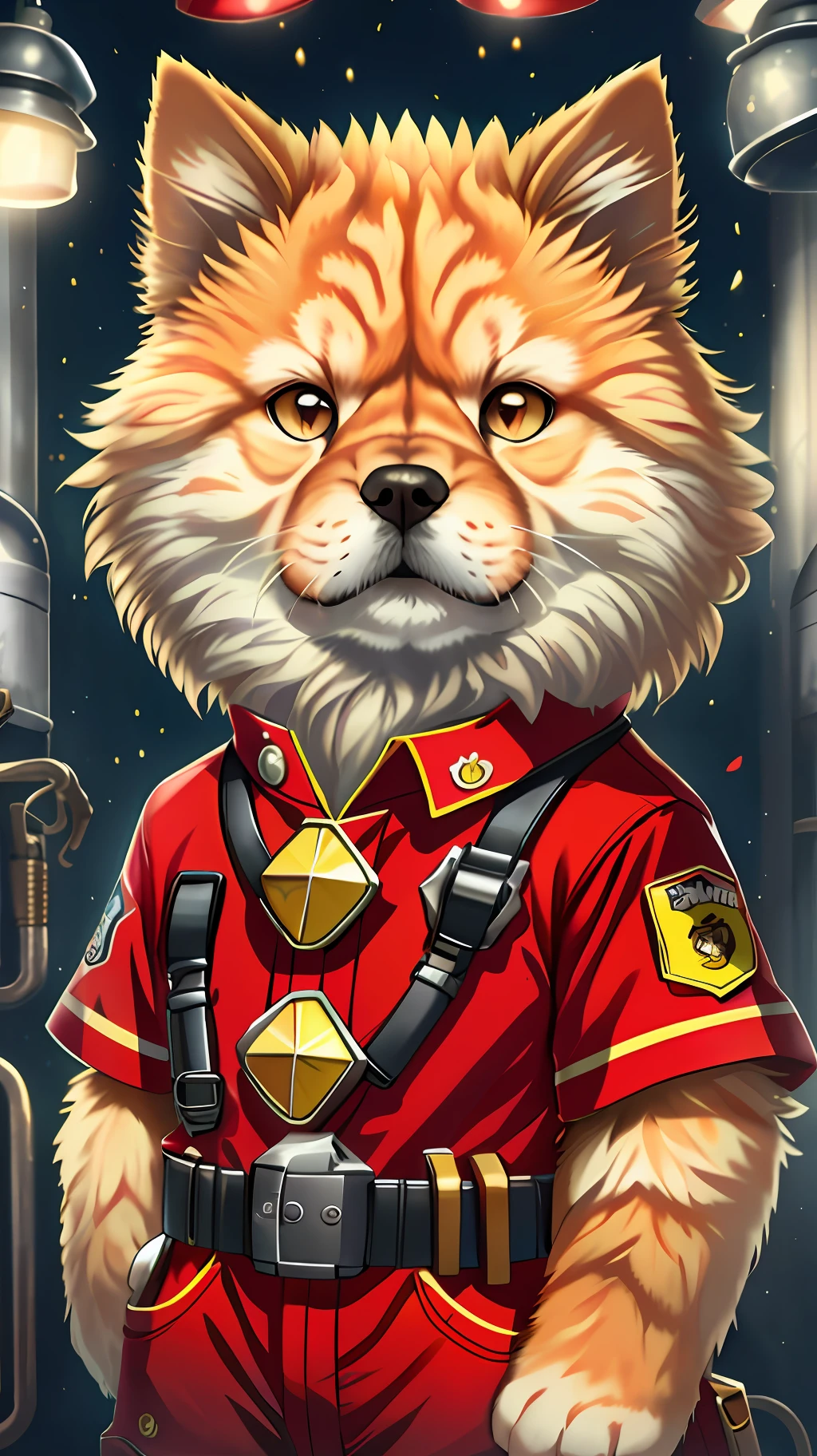 Chow Chow, wearing fireman's clothing, focus gaze, side portrait