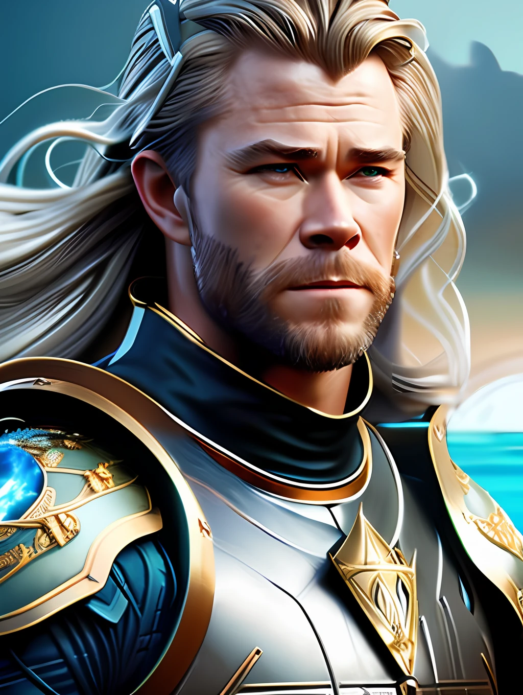 A photorealistic portrait of Chris Hemsworth with long white hair, as Poseidon God of the Seas, wearing a chain around his neck (glowing green chain:1.2) (in hand:1.2), cinematic rim light, very strong and fitted, intense action, dynamic juxtaposition, wearing royal clothes and holding a bronze trident with precious gems, warrior helmet and a sword, with a futuristic underwater kingdom as the background, fierce, tumblr contest winner, hurufiyya, very strong and masculine, movie still, cinematic lighting. photograph, detailed symmetric realistic face, extremely detailed natural texture, peach fuzz, long waived hair, masterpiece, absurdres, nikon d850 film stock photograph, kodak portra 400 camera f1.6 lens, extremely detailed, amazing, fine detail, hyper realistic lifelike texture, dramatic lighting, unrealengine, trending on artstation, cinestill 800 tungsten, looking at the viewer, photo realistic, RAW photo, TanvirTamim, high quality, highres, sharp focus, extremely detailed, cinematic lighting, 8k uhd,-imagine-
