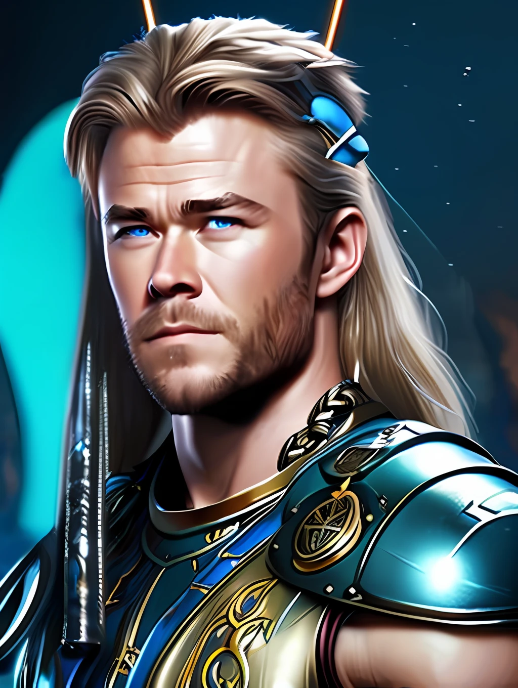 A photorealistic portrait of Chris Hemsworth with long white hair, as Poseidon God of the Seas, wearing a chain around his neck (glowing green chain:1.2) (in hand:1.2), cinematic rim light, very strong and fitted, intense action, dynamic juxtaposition, wearing royal clothes and holding a bronze trident with precious gems, warrior helmet and a sword, with a futuristic underwater kingdom as the background, fierce, tumblr contest winner, hurufiyya, very strong and masculine, movie still, cinematic lighting. photograph, detailed symmetric realistic face, extremely detailed natural texture, peach fuzz, long waived hair, masterpiece, absurdres, nikon d850 film stock photograph, kodak portra 400 camera f1.6 lens, extremely detailed, amazing, fine detail, hyper realistic lifelike texture, dramatic lighting, unrealengine, trending on artstation, cinestill 800 tungsten, looking at the viewer, photo realistic, RAW photo, TanvirTamim, high quality, highres, sharp focus, extremely detailed, cinematic lighting, 8k uhd,-imagine-