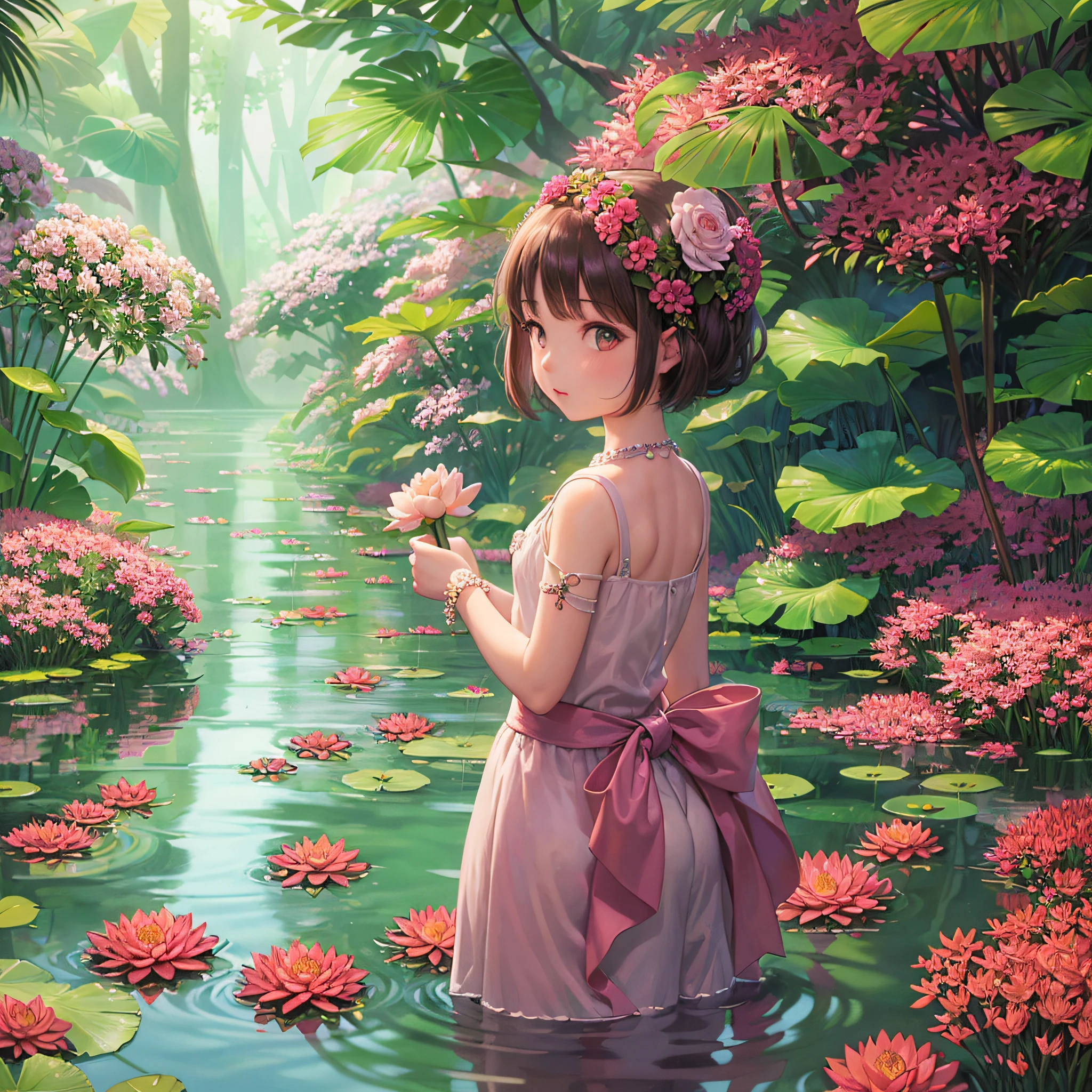 1 little girl is turning her back, holding 1 lotus flower in her hand, in front of her are 1 large lotus tree --auto --s2