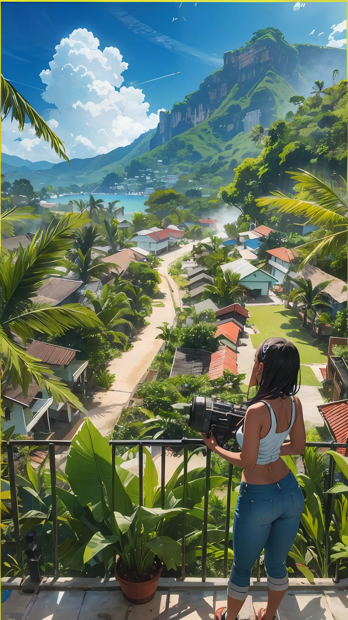 “Create a captivating image in a vibrant and dynamic style that represents the essence of Jamaica. In the center of the image, depict a lush tropical forest with towering trees, alongside fields of swaying sugar cane. Use a rich color palette, incorporating deep greens for the forest and vibrant shades of green for the sugar cane, capturing the diverse and abundant nature of the Jamaican landscape. To enhance the depiction of the sugar cane fields, include workers tending to the crops, showcasing the agricultural significance of sugar cane in Jamaica’s history and economy. Emphasize the tall stalks and vibrant green color of the sugar cane, bringing them to life in the composition. Integrate the lively and colorful birdlife found in Jamaican forests. Illustrate native birds such as the Jamaican Tody or the Red-billed Streamertail, known as the national bird of Jamaica. These birds, with their vibrant plumage and unique characteristics, add an element of beauty and enchantment to the image. In the background, capture the majestic Blue Mountains, their misty peaks rising in the distance. These mountains are not only a stunning natural feature of Jamaica but also contribute to the ideal conditions for growing coffee. Incorporate subtle elements that represent the coffee industry, such as coffee plants or a small coffee bean illustration. To add a touch of Jamaican culture, include individuals engaging in activities that reflect the island’s spirit, such as playing reggae music, dancing, or enjoying the vibrant local cuisine. Ensure that the composition portrays depth and movement, with birds soaring through the air, leaves rustling in the wind, and the warm glow of sunlight filtering through the forest canopy. This will create a sense of energy and immersion in the --auto --s2