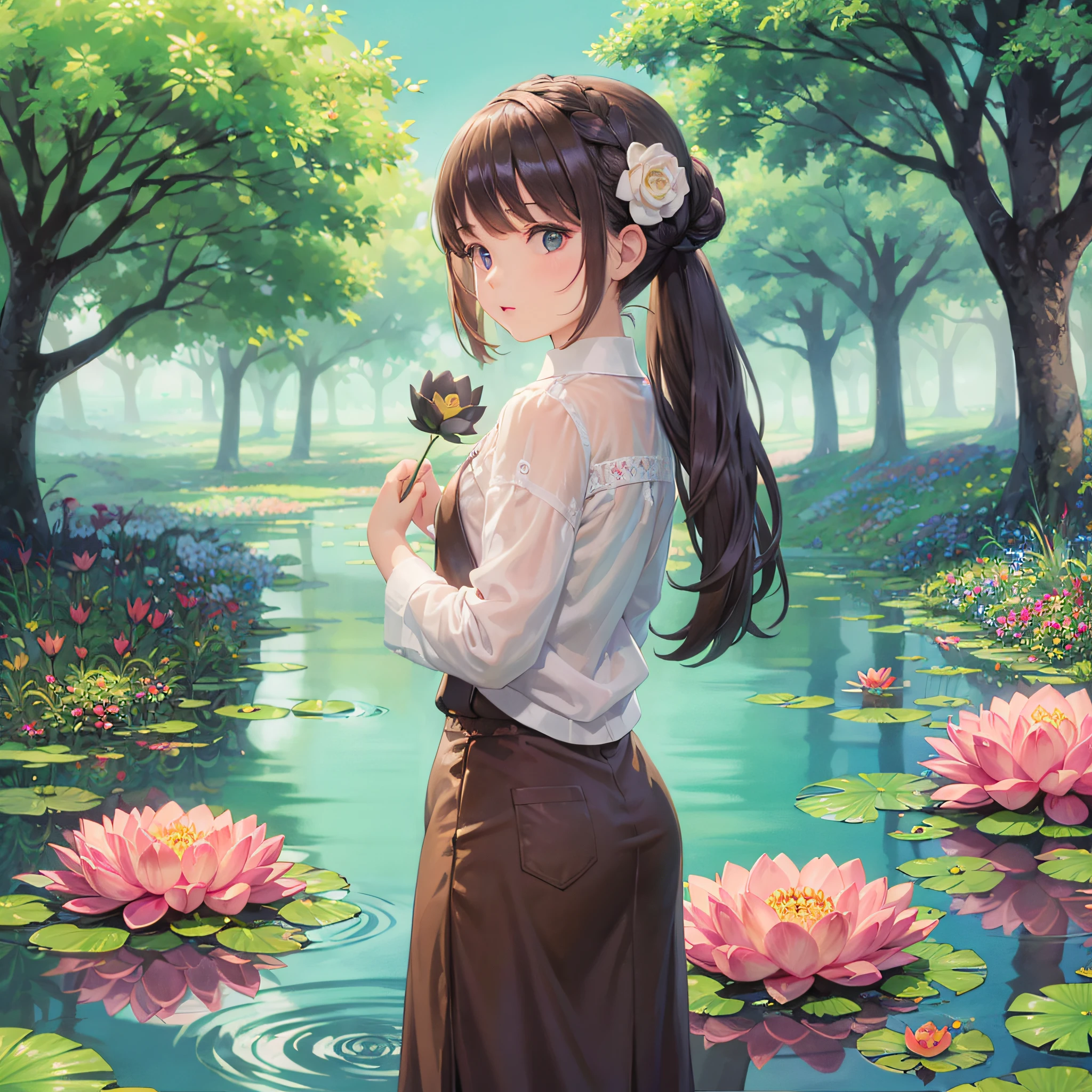 1 *********** is turning her back, holding 1 lotus flower in her hand, in front of her are 1 large lotus tree --auto --s2