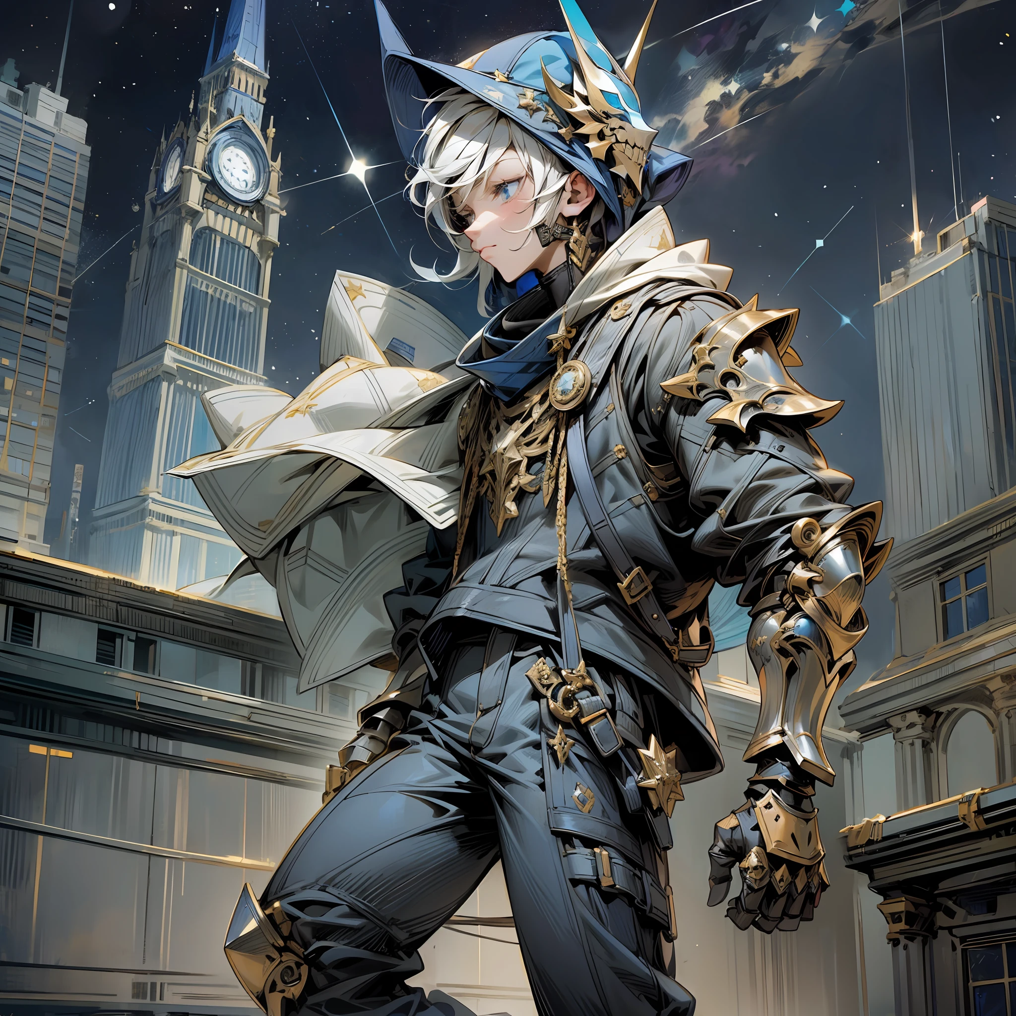 A character on top of a building with blue hood, black pants, white sneakers and in the background other buildings with light on, with a starry night, the character with a mask and with black gauntlets with white details with technological Stilo and the image and Stilo anime --auto --s2