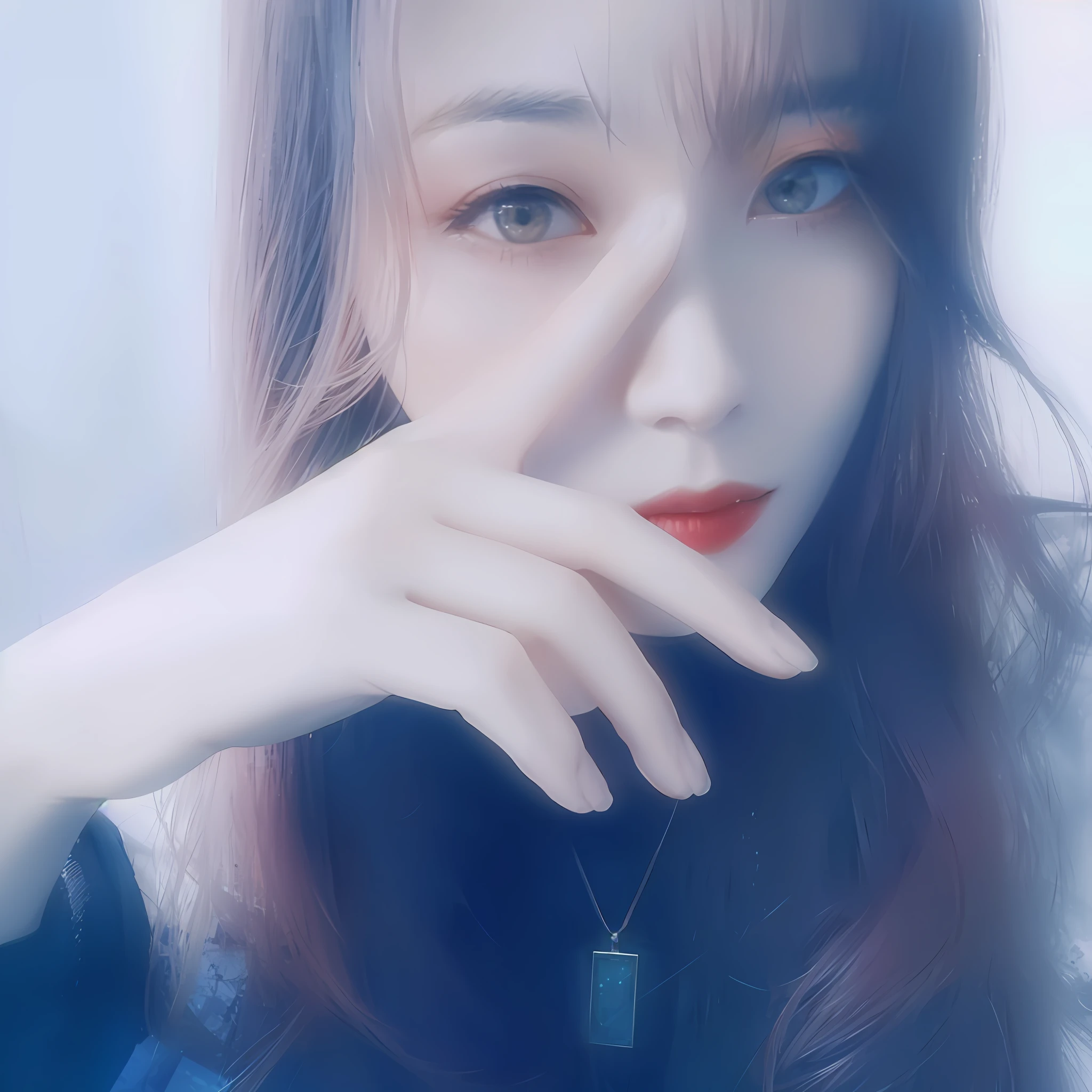 There is a woman with long hair wearing a necklace around her neck, 8K selfie photo, Guvitz, Urzang, 8K)), Guvitz style artwork, portrait of a girl, low-quality photo, inspired by Cheng Yanjun, [realistic photography], black background, masterpiece, very detailed, 8k octane, HDR, ultra-detailed, best quality, highest quality, realistic lighting, ultra-detailed, surreal, Unreal Engine 5, octane rendering, limited pallete flat color, Jeremy Lipking，Antonio J. Manzanedo，Alphonse Mucha