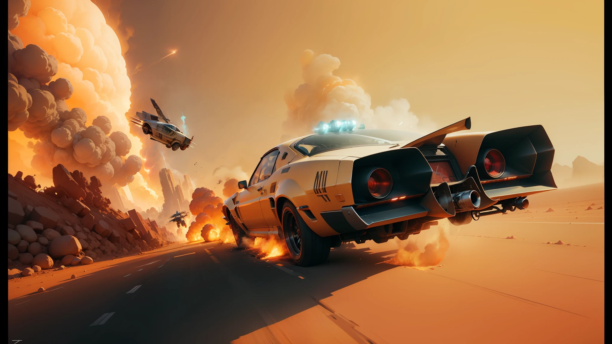 there is a car that is flying through the air with a huge explosion, marc brunet, cinemascope panorama, mad max inspired, anamorphic wide angle lens, trending on character design, speed racer, vector. 8 k, starfighter, valerian, metabaron, shai-hulud --ar 16:9 --auto --s2