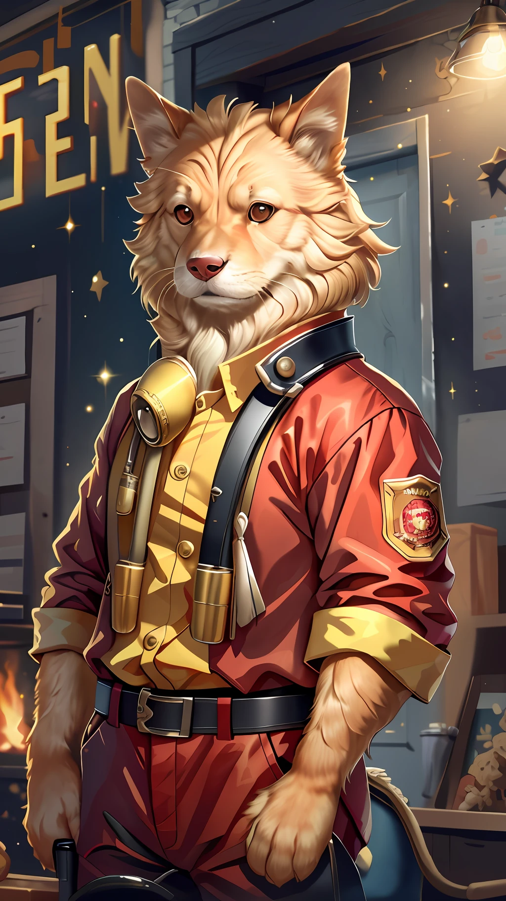 Golden Retriever, wearing fireman's outfit, focus look, side portrait