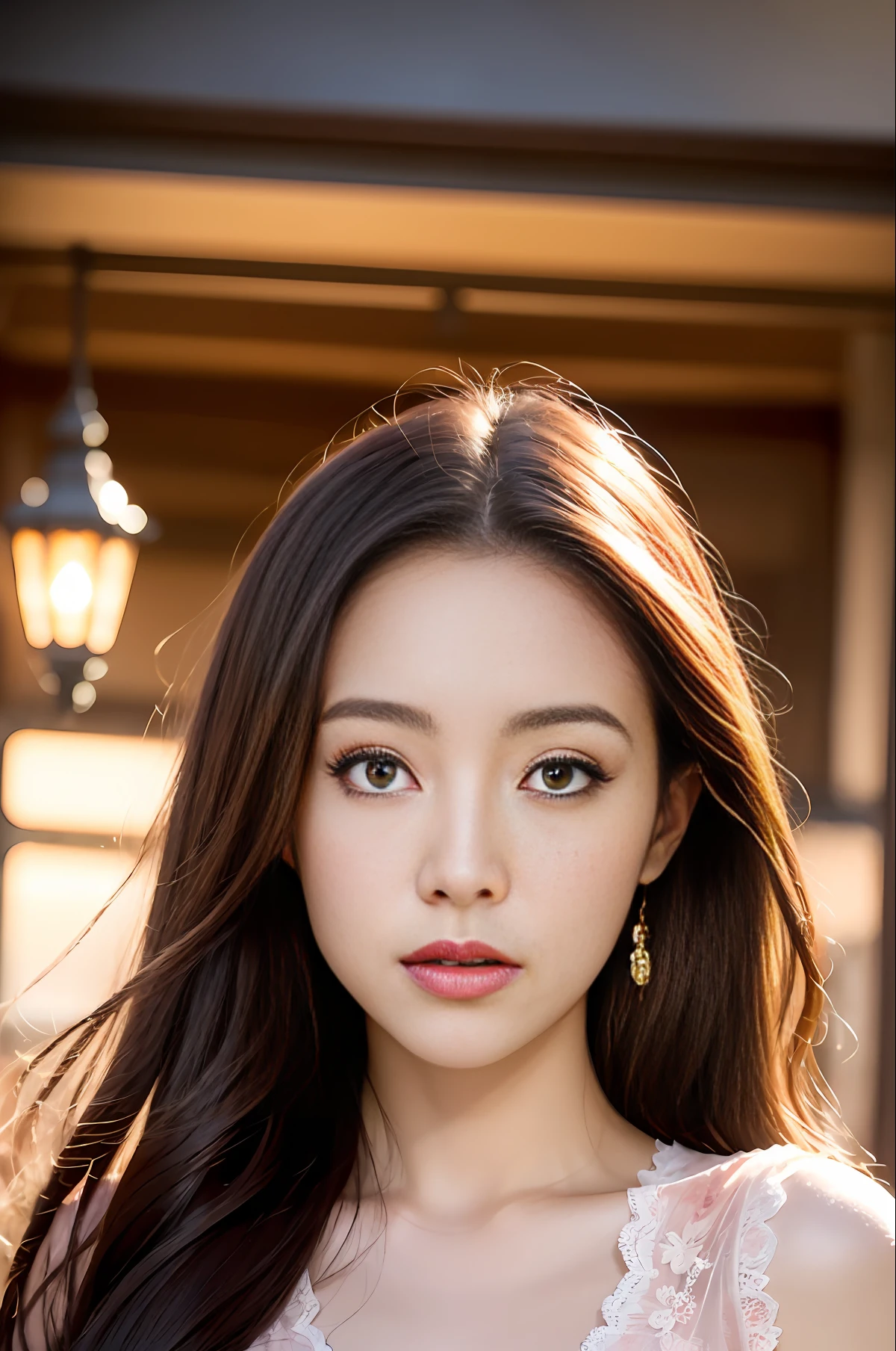 masterpiece, (front focus), surrealist female portrait, fantasy art, realism, dynamic lighting, art station, poster, volumetric lighting, highly detailed face, black and fluffy eyes, shiny pupils,4K, award-winning, 1 girl, understated,fullbody shot, (official attire: 1.4,pink pleated lace gown), street light, dark brown hair,