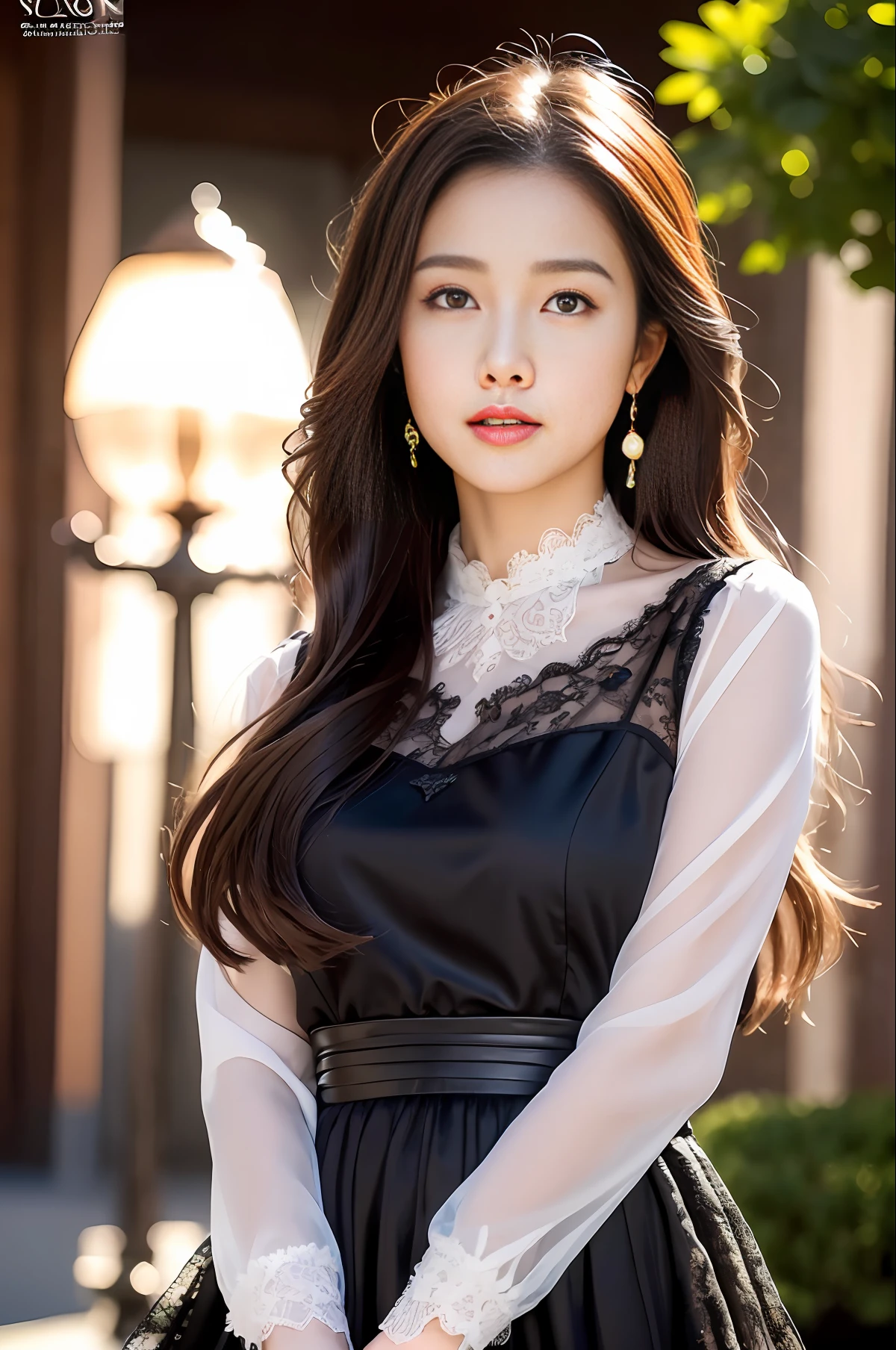 masterpiece, (front focus), surrealist female portrait, fantasy art, realism, dynamic lighting, art station, poster, volumetric lighting, highly detailed face, black and fluffy eyes, shiny pupils,4K, award-winning, 1 girl, understated,fullbody shot, (official attire: 1.4,pink pleated lace gown), street light, dark brown hair,