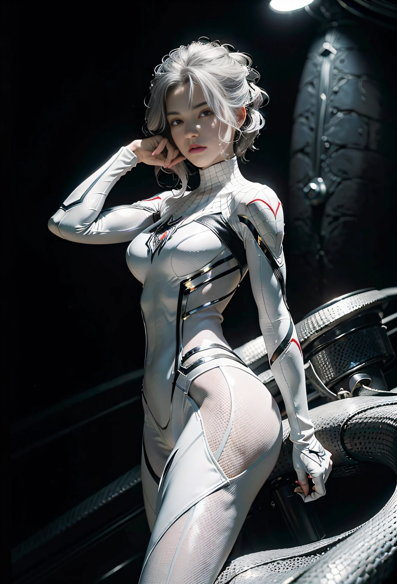 (Extreme Detail CG Unity 8K wallpaper, masterpiece, highest quality), (exquisite lighting and shadow, highly dramatic picture, cinematic lens effect), a girl in a white Spider-Man costume, silver-gray hair color, from the Spider-Man parallel universe, Wenger, Marvel, Spider-Man, dynamic poses), (excellent detail, outstanding lighting, wide angle), (excellent rendering, enough to stand out in its class), with a focus on white Spider-Man costumes, complex spider textures, big breasts,