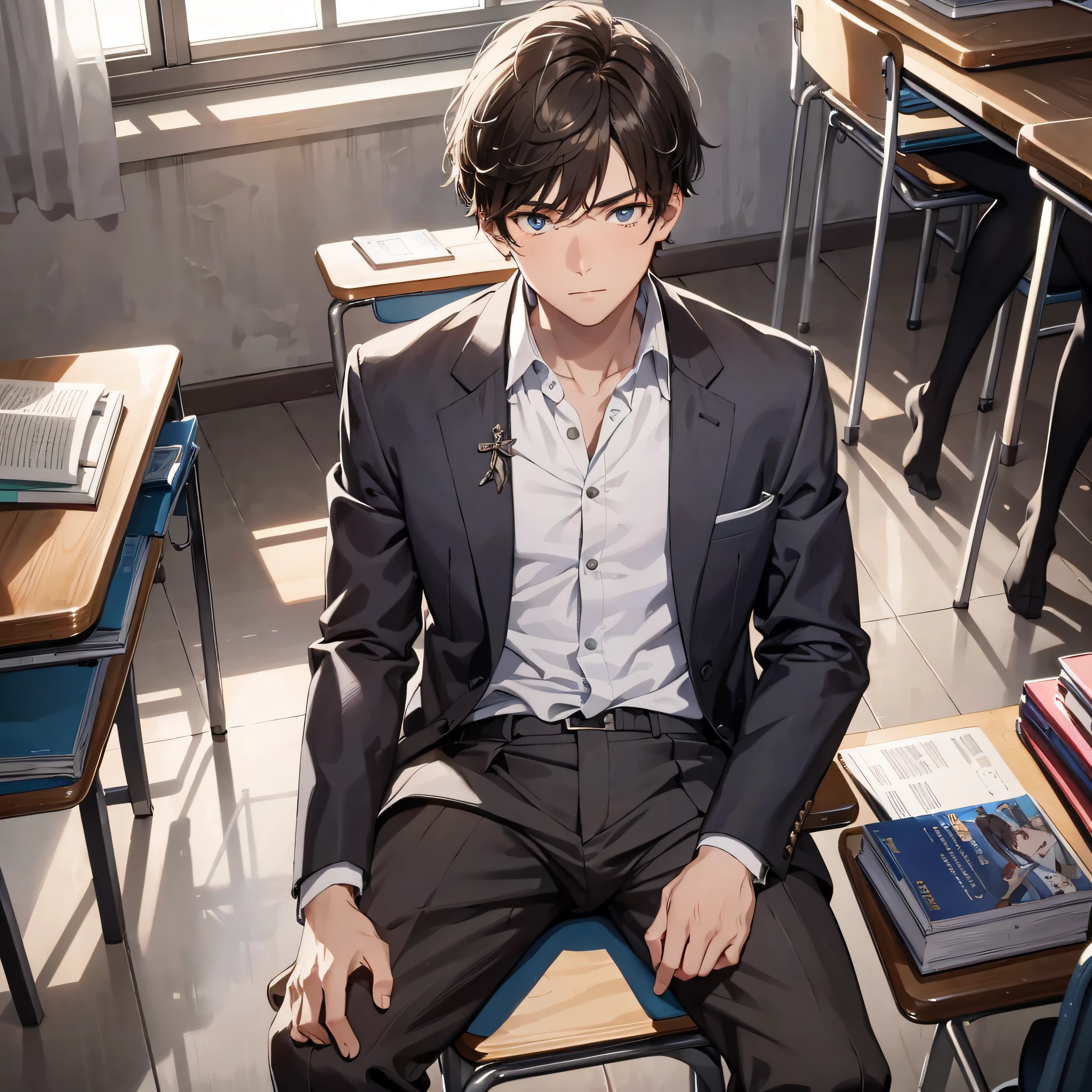 Absurd resolution, high resolution, (masterpiece: 1.4), hyperdetail, 1boy, mature man, brunette man, high school student dressed up, classroom, grim expression, full body photo, sitting, shocked and surprised expression