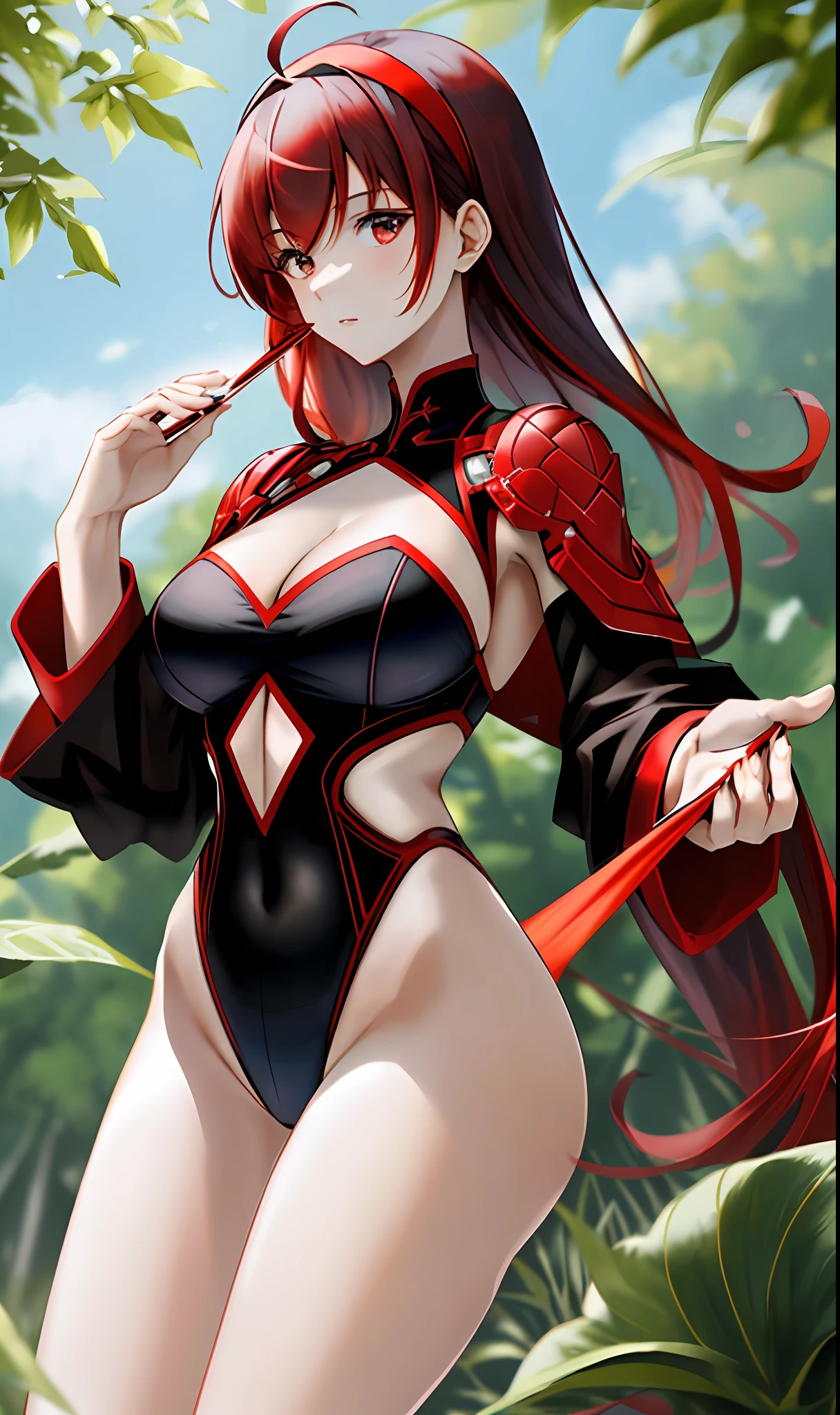 ((masterpiece, best quality)), (1girl),((mature female)), red hair, hairband, bangs, long hair, two piece strapless suit, micro suit, __location__, leotard, , black hairband, shoulder cutout, black thitying hair,curvy,cleavage,confident,nature,