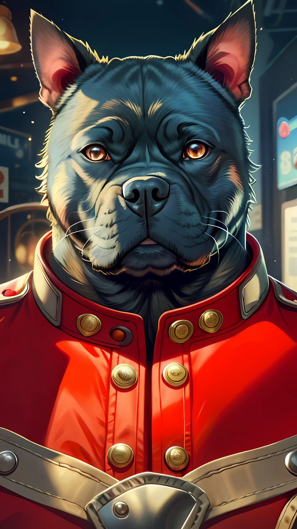 American Bully, wearing fireman's clothing, focus gaze, side portrait