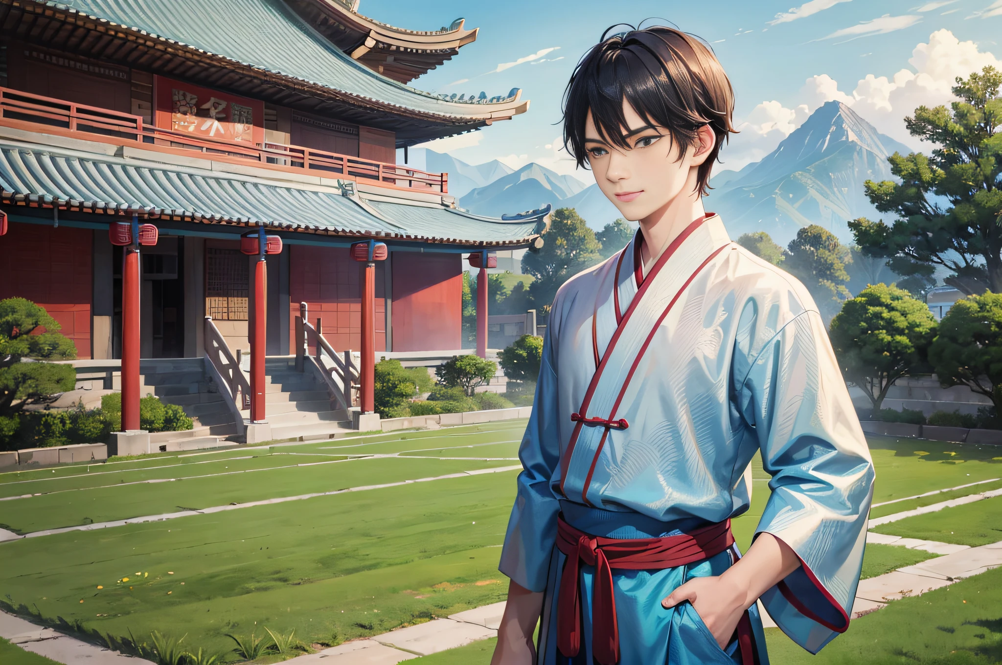 Masterpiece, superlative, -yeld bocyan martial arts robe, smiling and talking, standing naturally, eyes looking ahead. Chinese style, ancient China, standing outdoors, martial arts arena, many people watching cyan clothes, black hair, ultra-short hair, blue eyes, tall, straight, standing naturally, looking into the distance, handsome, angry, Chinese, ancient style competition field, outdoor.