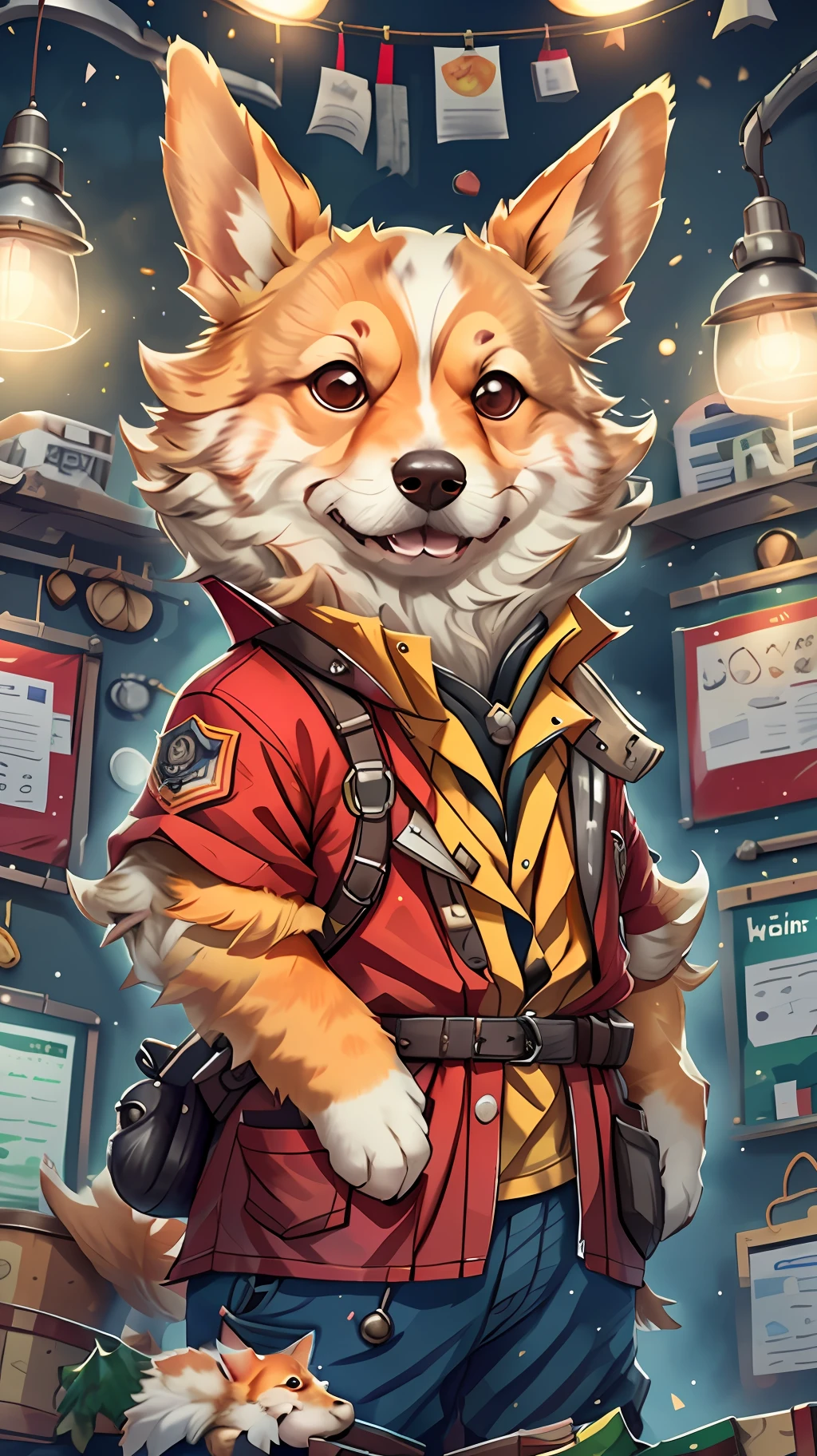 Corgi, wearing fireman's clothing, focus look, side portrait