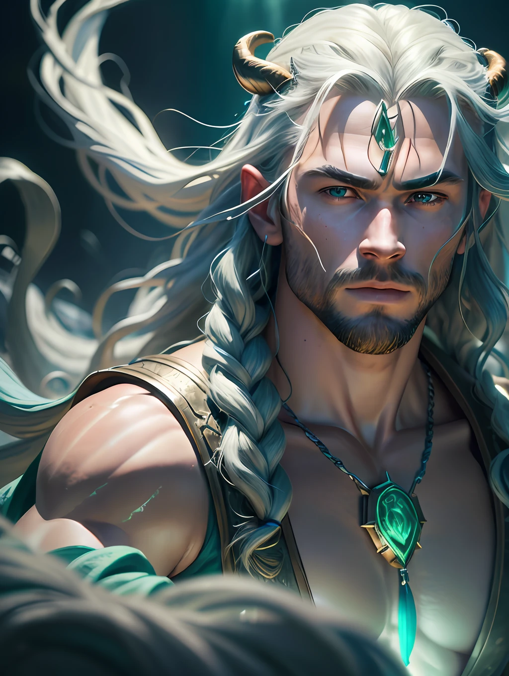 A photorealistic portrait of Chris Hemsworth with long white hair, as Poseidon God of the Seas, wearing a chain around his neck (glowing green chain:1.2) (in hand:1.2), cinematic rim light, very strong and fitted, intense action, dynamic juxtaposition, wearing royal clothes and holding a bronze trident with precious gems, warrior helmet and a sword, with a futuristic underwater kingdom as the background, fierce, tumblr contest winner, hurufiyya, very strong and masculine, movie still, cinematic lighting. photograph, detailed symmetric realistic face, extremely detailed natural texture, peach fuzz, long waived hair, masterpiece, absurdres, nikon d850 film stock photograph, kodak portra 400 camera f1.6 lens, extremely detailed, amazing, fine detail, hyper realistic lifelike texture, dramatic lighting, unrealengine, trending on artstation, cinestill 800 tungsten, looking at the viewer, photo realistic, RAW photo, TanvirTamim, high quality, highres, sharp focus, extremely detailed, cinematic lighting, 8k uhd,-imagine-