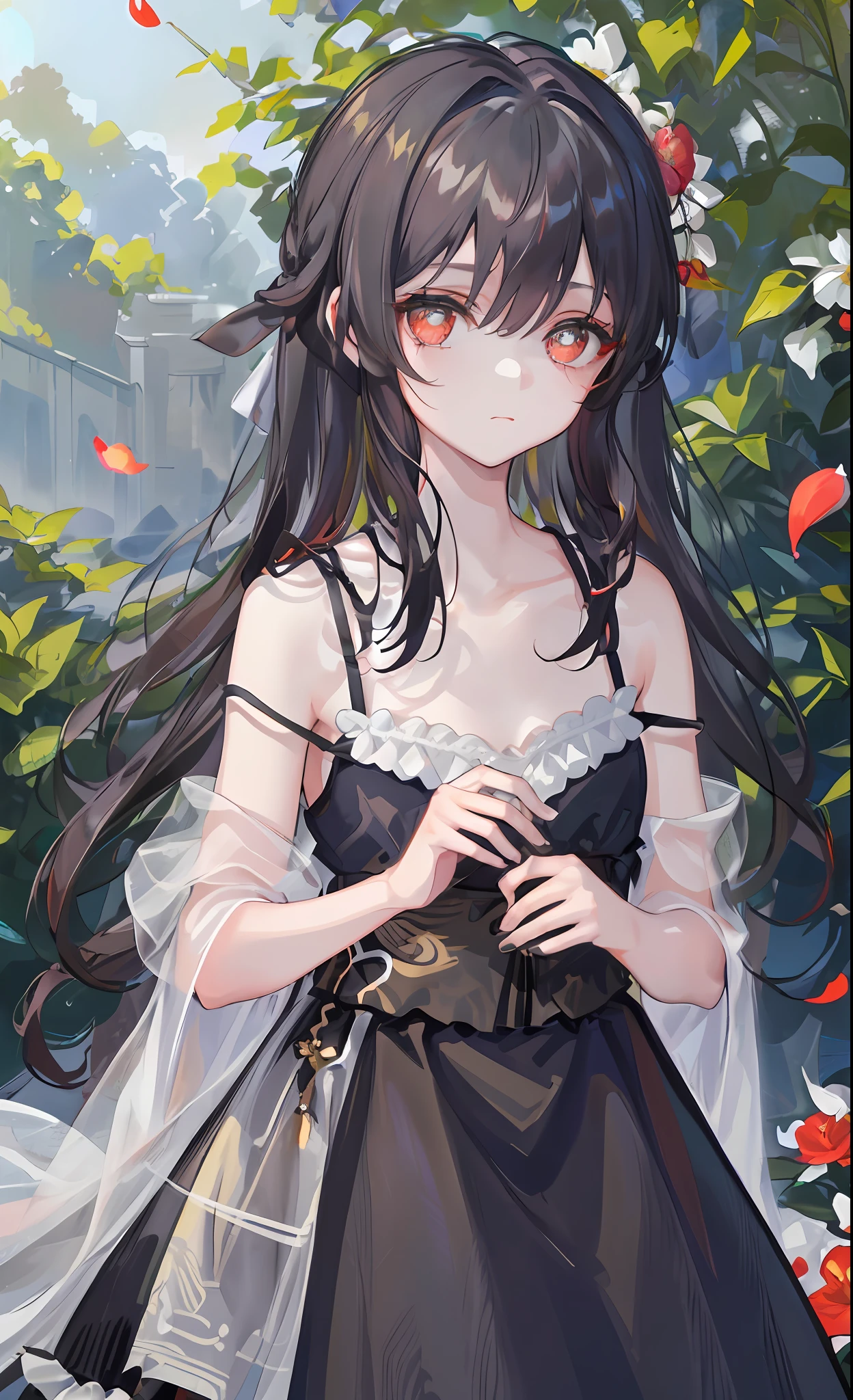 ( girl: 1.5), lace, ribbon, Hanfu, (masterpiece, side light, delicate and beautiful gray eyes: 1.2), masterpiece, realistic, glowing eyes, shiny hair, black hair, long hair, shiny skin, solo, awkward, tube top, delicate, beautiful, garden, flowers, fluttering petals,